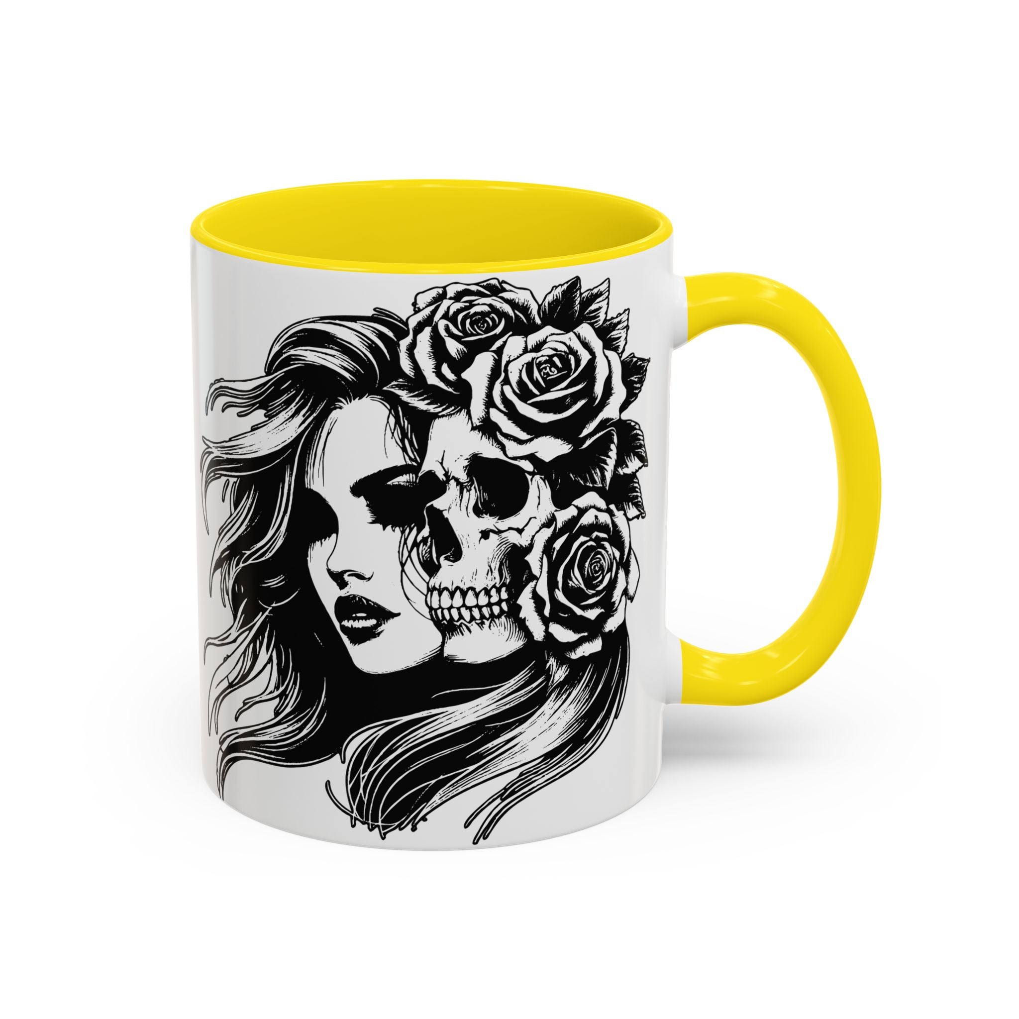 Skull & Rose Accent Coffee Mug — Gothic Half-Skull Woman 11/15oz
