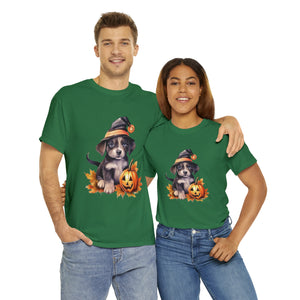 halloween t shirt puppy in witch hat cute gift for her stocking stuffer fall fun item for whole family Unisex Heavy Cotton Tee