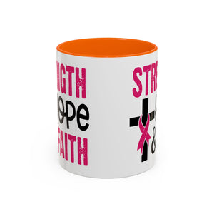 Inspirational Coffee Mug - Strength, Hope, Faith, Pink Ribbon, Christian Gifts, Motivational Drinkware, Breast Cancer Awareness