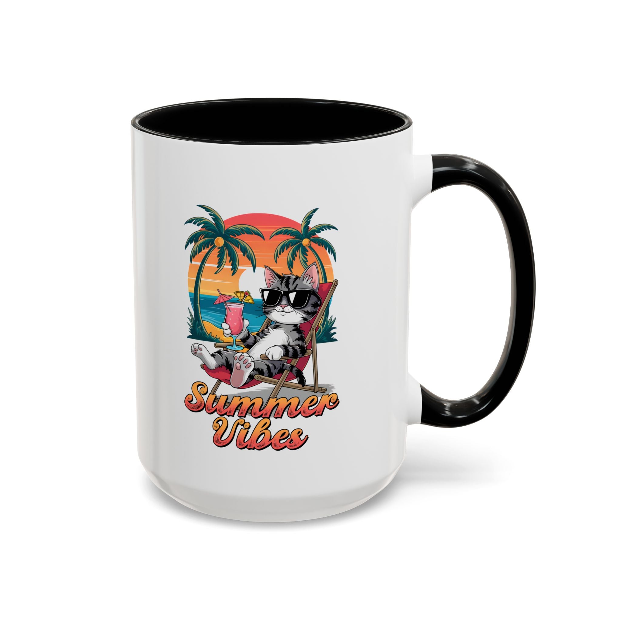 Summer Vibes Coffee Mug, Tropical Cat Mug, Beach Lover Gift, Fun Animal Sipware, Vacation-themed Drinkware, Pet Lover Cup