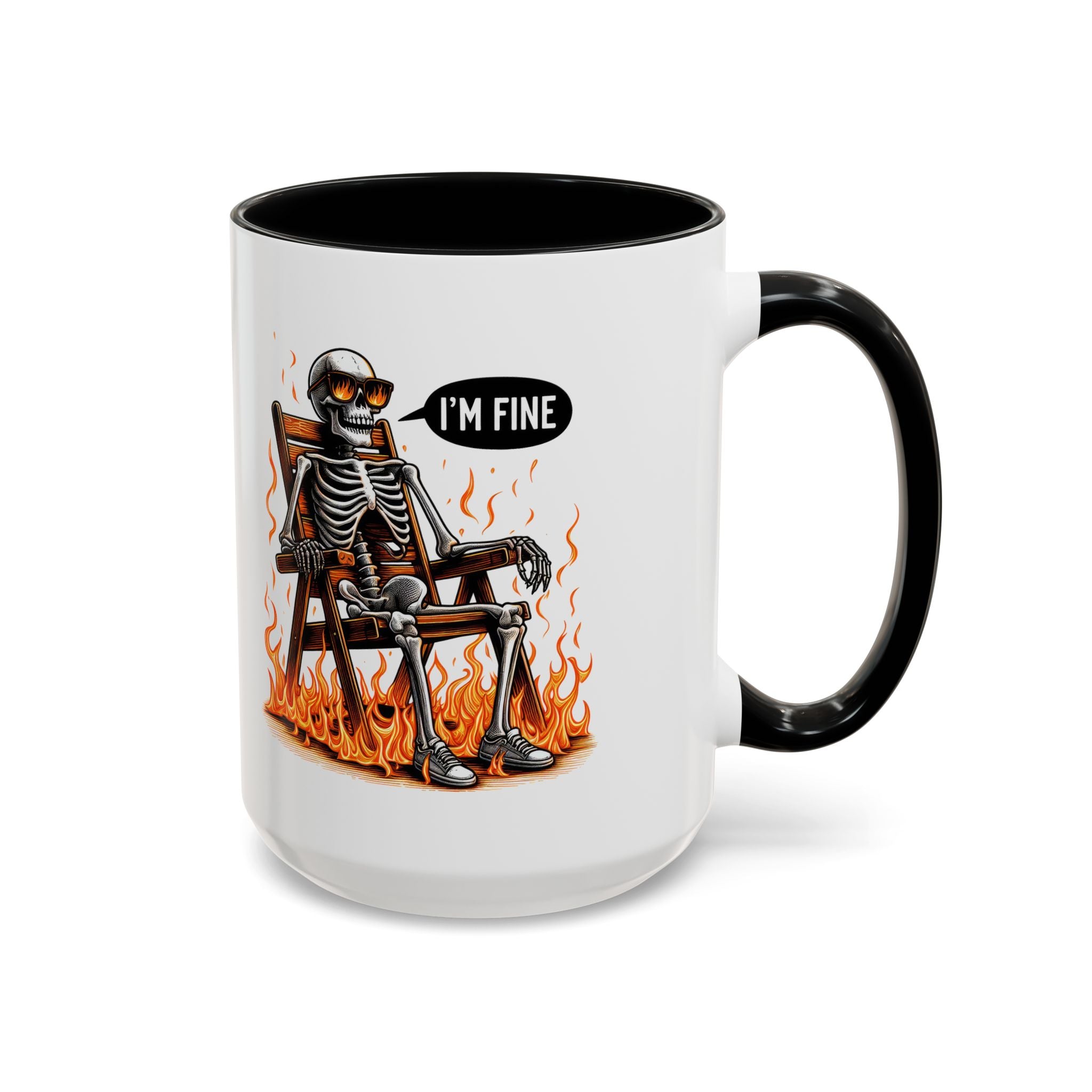 Funny I'M fine  Skeleton on fire Coffee Mug - Humor Gift for Halloween, Coffee Lovers,  Decor, Gag Gift, 11-15oz Accent Mug
