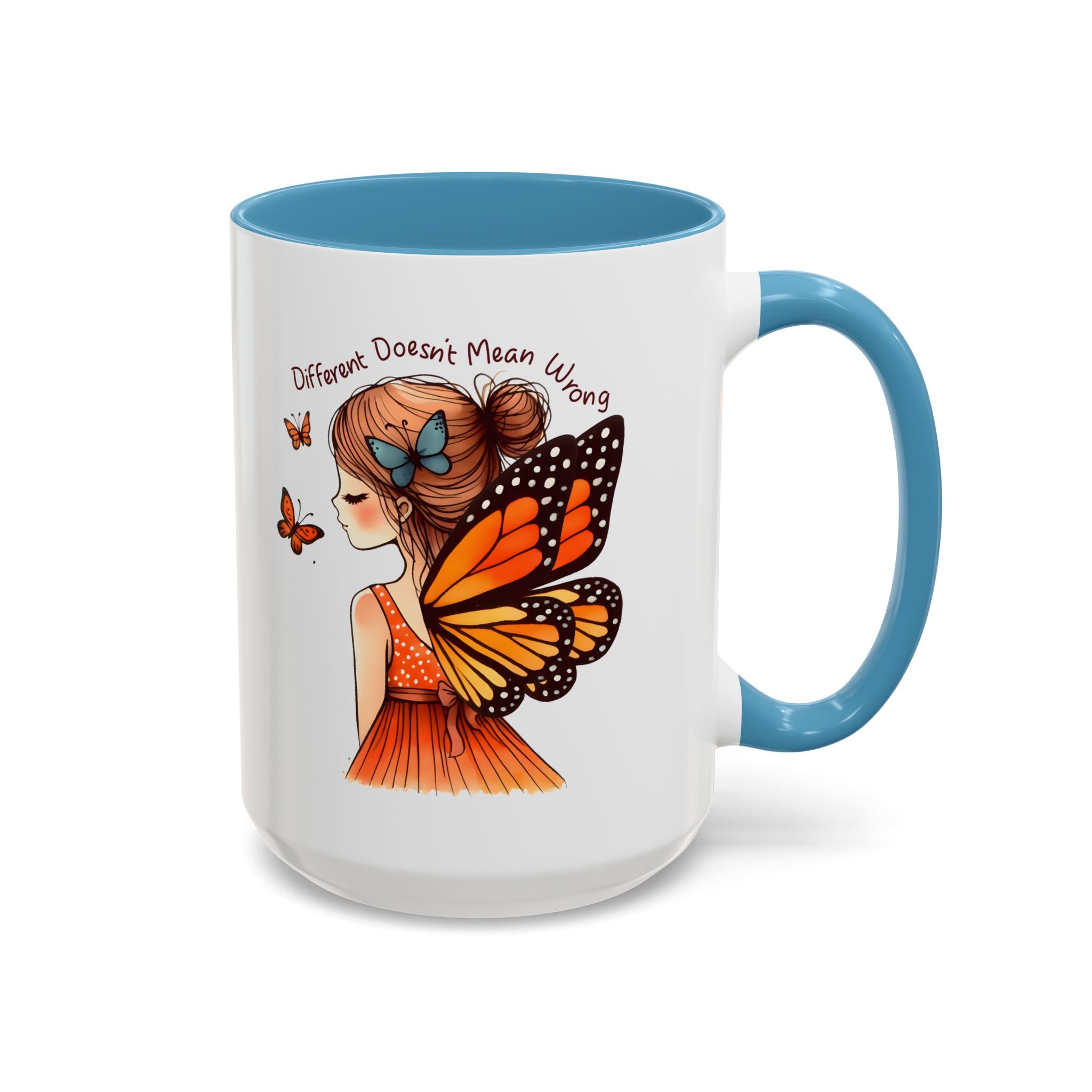 Butterfly Girl Accent Coffee Mug – "Different Doesn't Mean Wrong" Inspirational Tea Mug