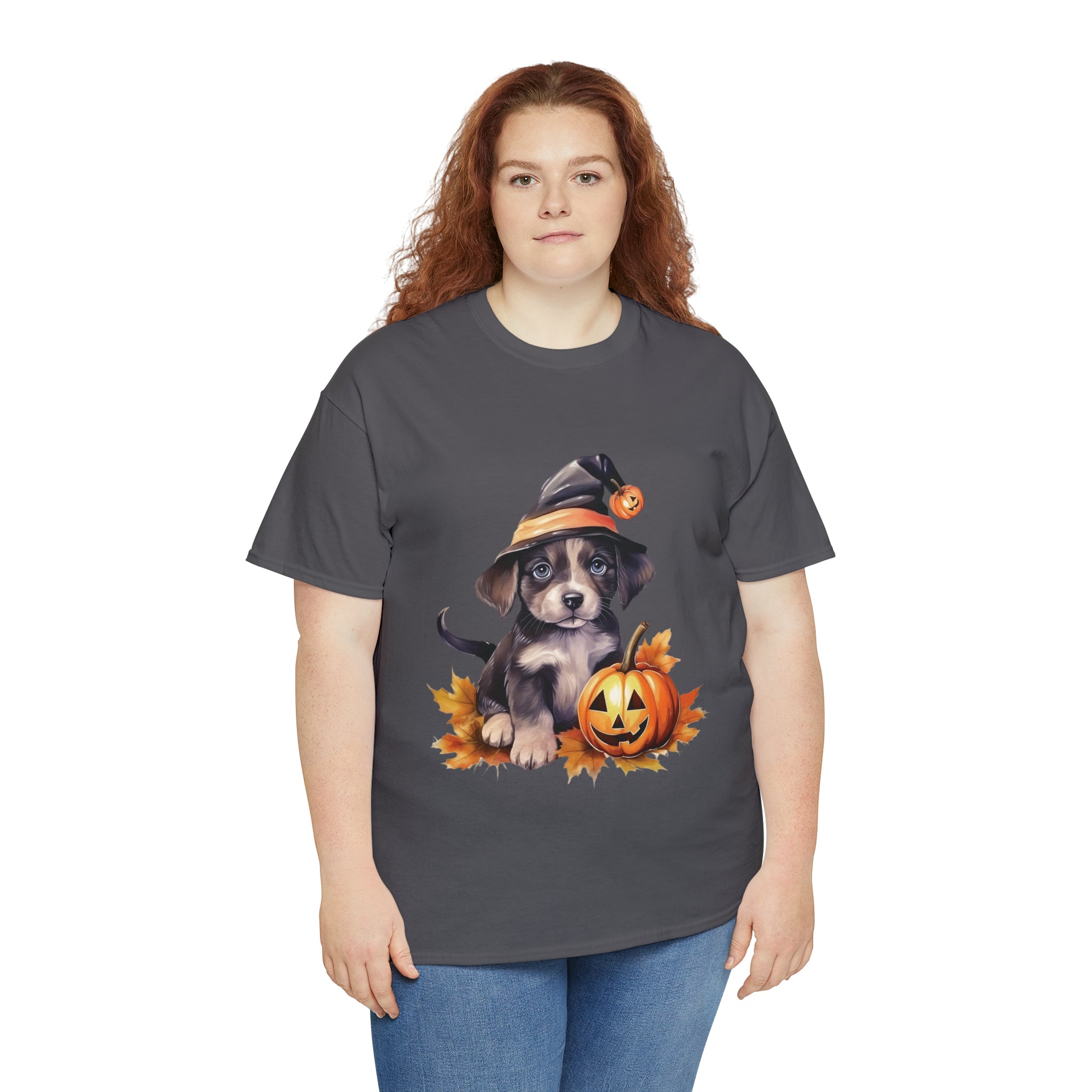 halloween t shirt puppy in witch hat cute gift for her stocking stuffer fall fun item for whole family Unisex Heavy Cotton Tee