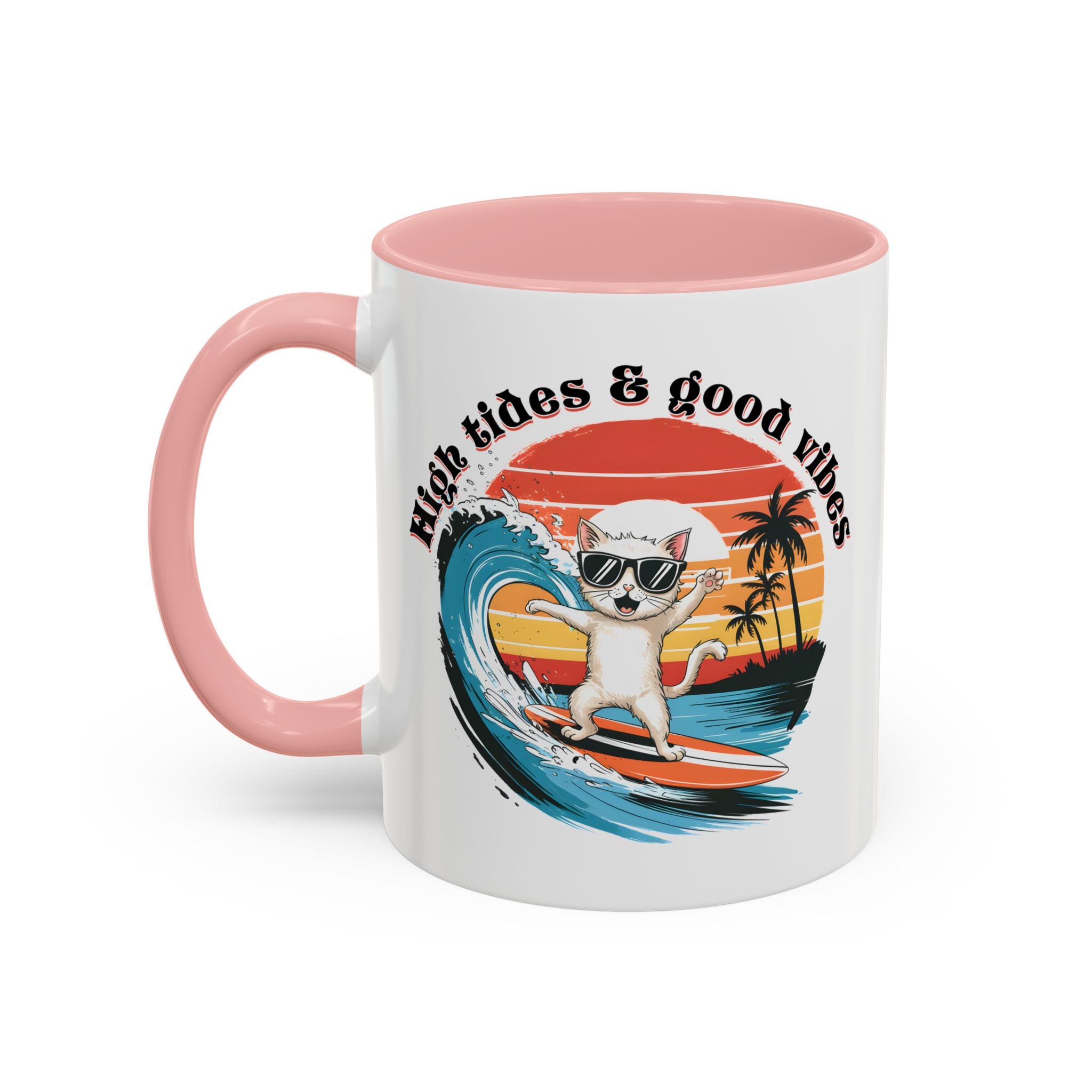 Surfing Cat Coffee Mug - High Tides & Good Vibes - Beach Lover Gift animal lover funny