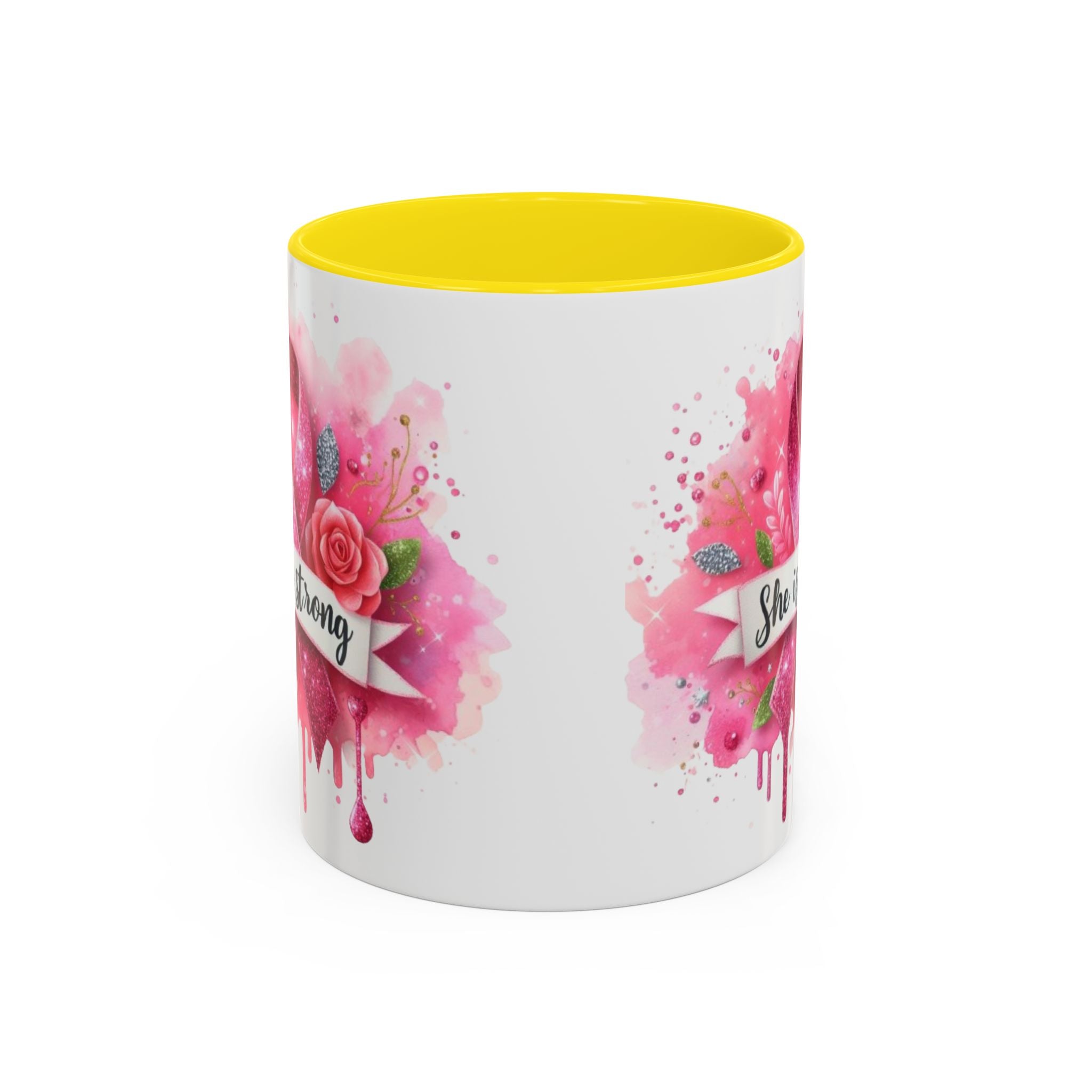 Empowering Pink Ribbon Coffee Mug - She Is Strong, Inspirational Gift for Breast Cancer Awareness, Motivational Drinkware, Supportive [...]