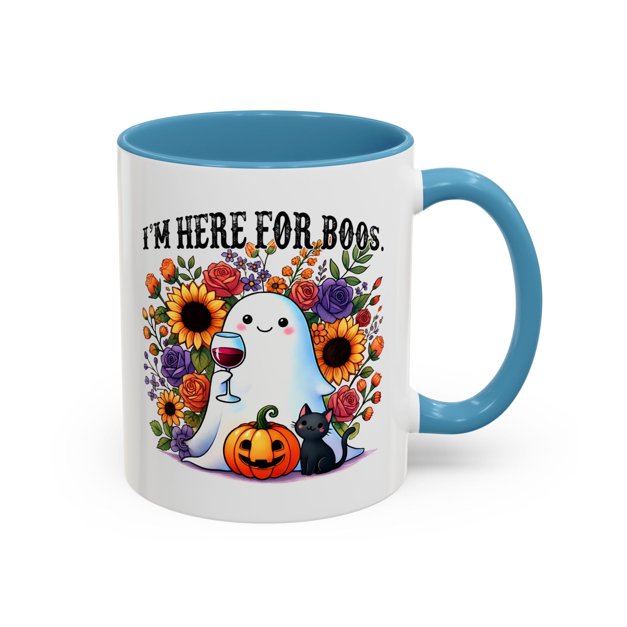 Spooky Floral Coffee Mug - I'm Here for Boos, Halloween Gift, Autumn Decor, Cute Ghost Mug, Cat Lover Drinkware