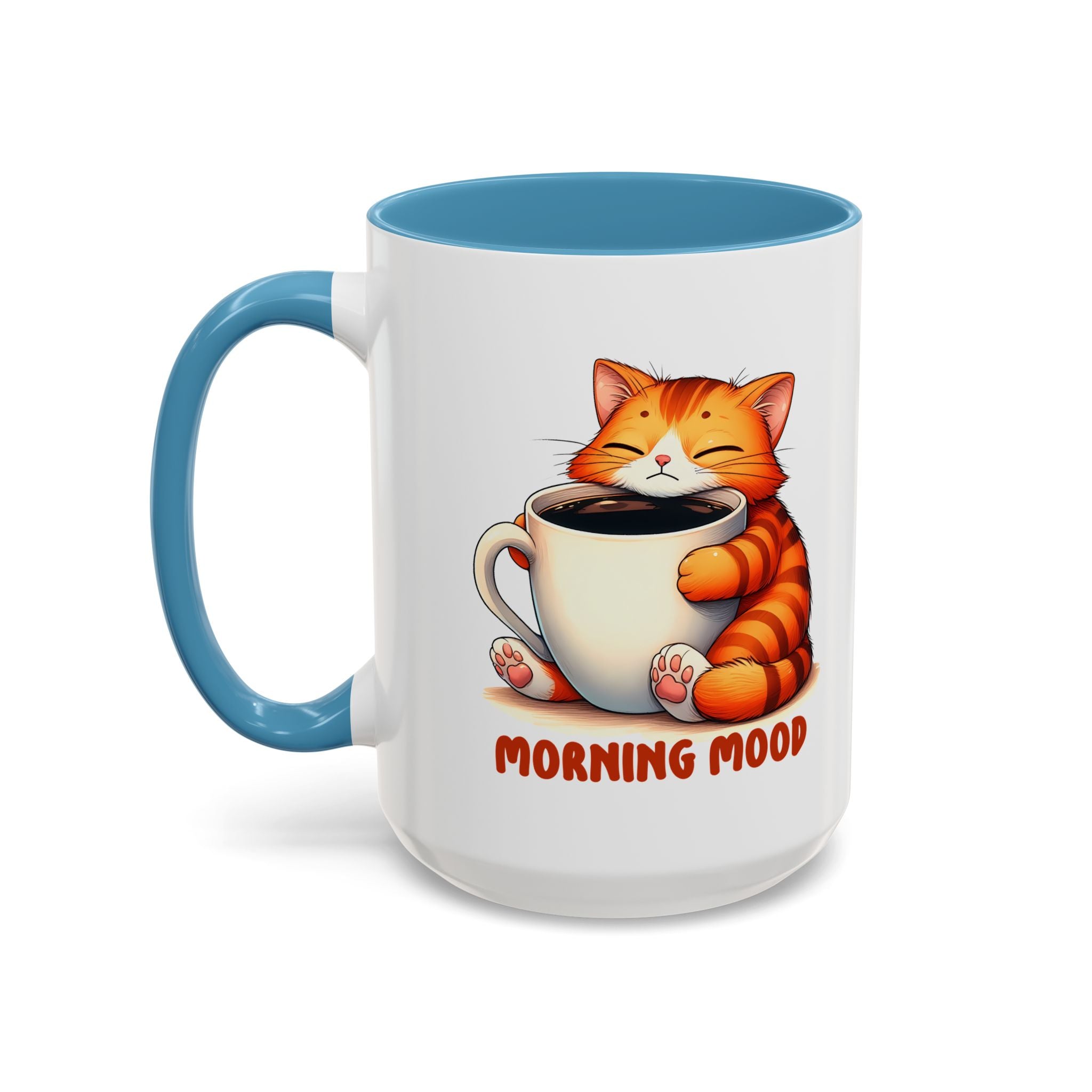 Morning Mood Cat Coffee Mug — Cute Orange Cat Holding Cup (11/15oz)