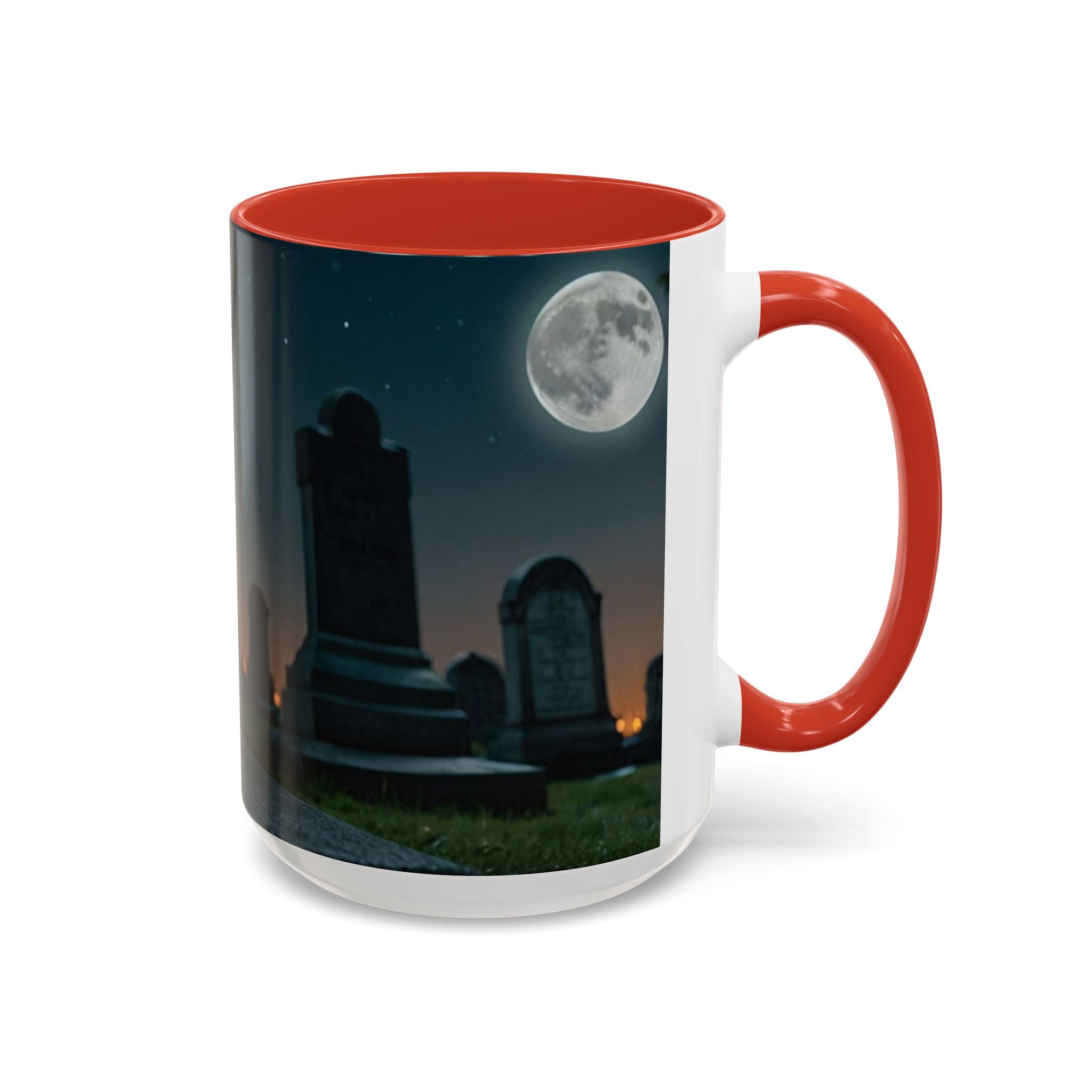 Spooky Black Cat Accent Coffee Mug in graveyard at night with full moon halloween
