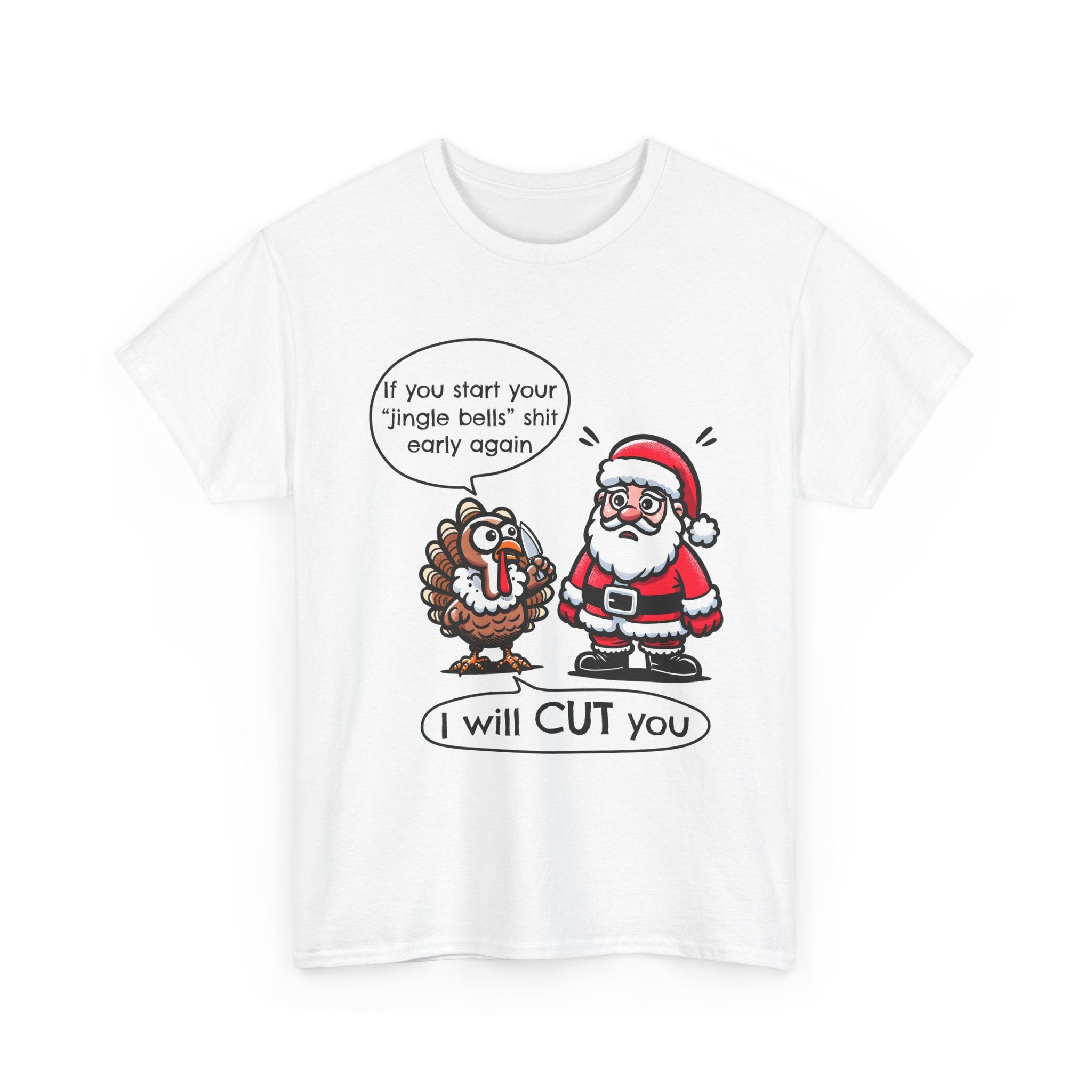 Funny Holiday Tee: 'I Will CUT You' Santa & Turkey Design, Christmas Gift, Unisex Cotton Shirt, Thanksgiving Humor, Festive Apparel