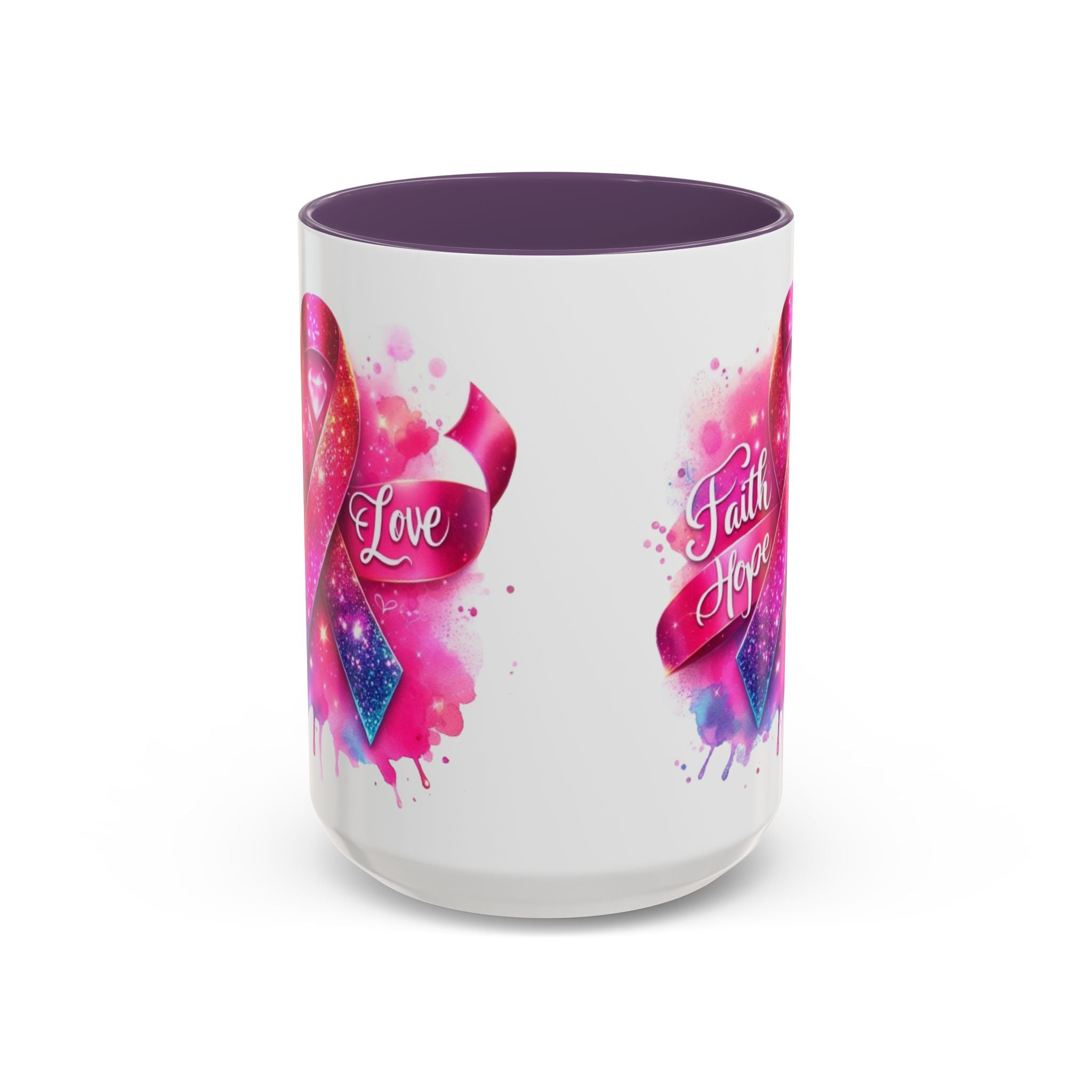 Inspirational Ribbon Coffee Mug - Faith, Hope, Love, Support, Gift for Cancer Awareness, Breast Cancer, Encouragement, Motivational