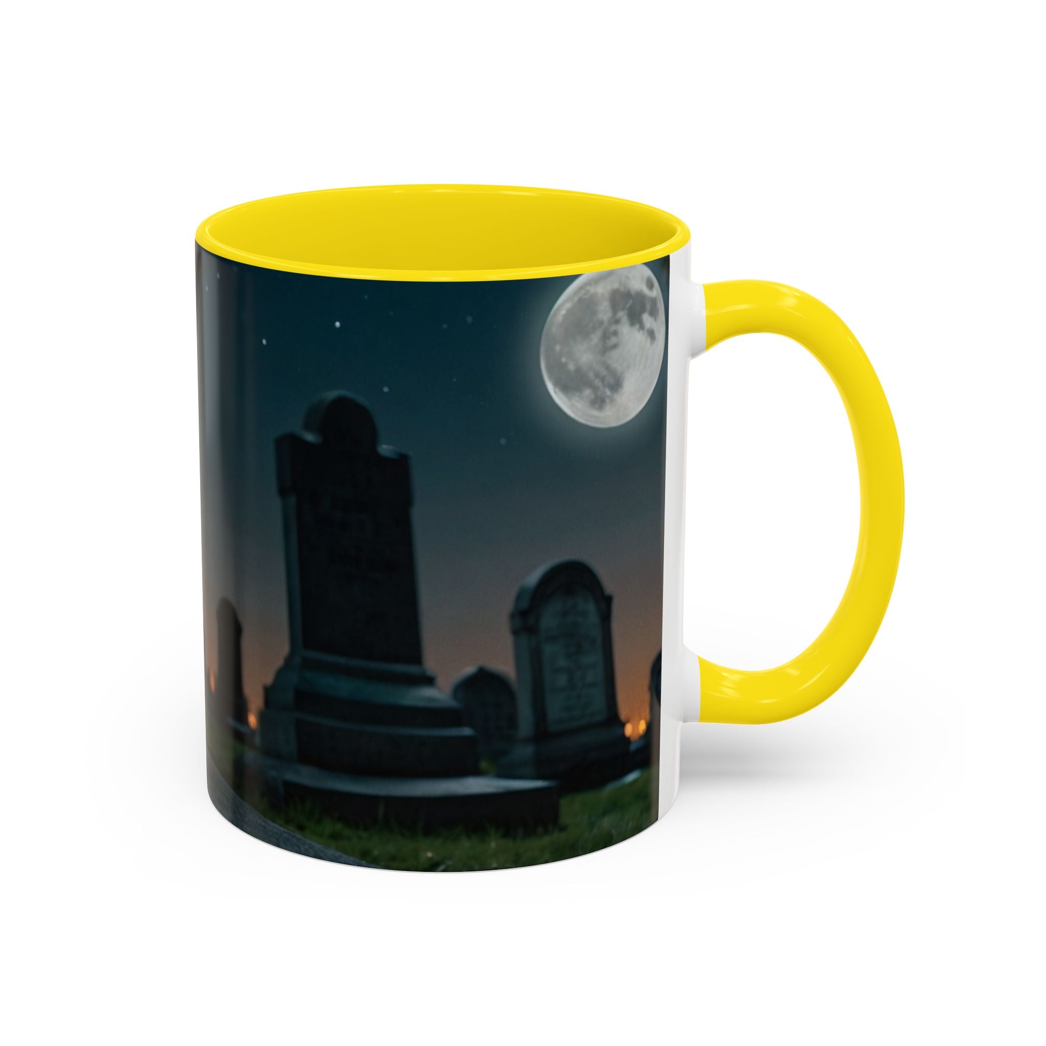 Spooky Black Cat Accent Coffee Mug in graveyard at night with full moon halloween