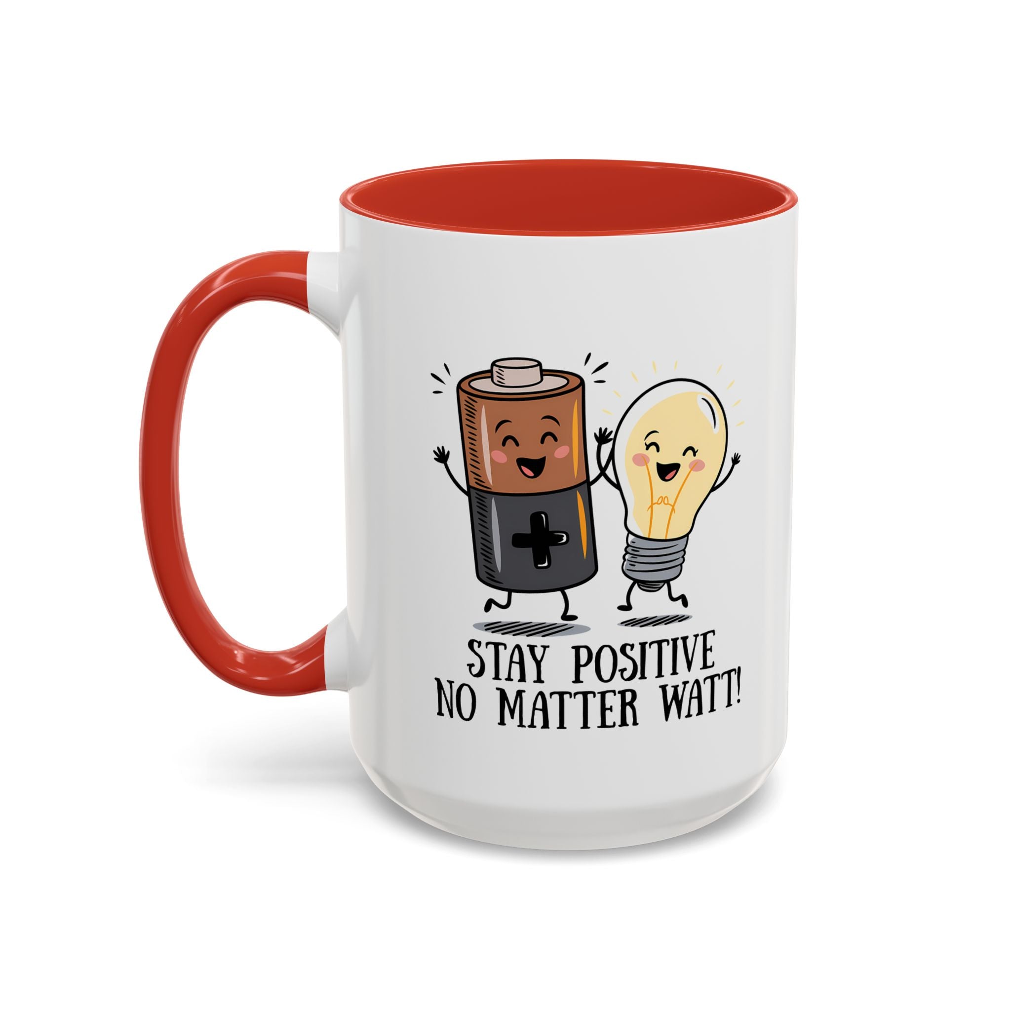 Stay Positive Accent Coffee Mug - 11oz & 15oz - Cute Light Bulb & Battery Design