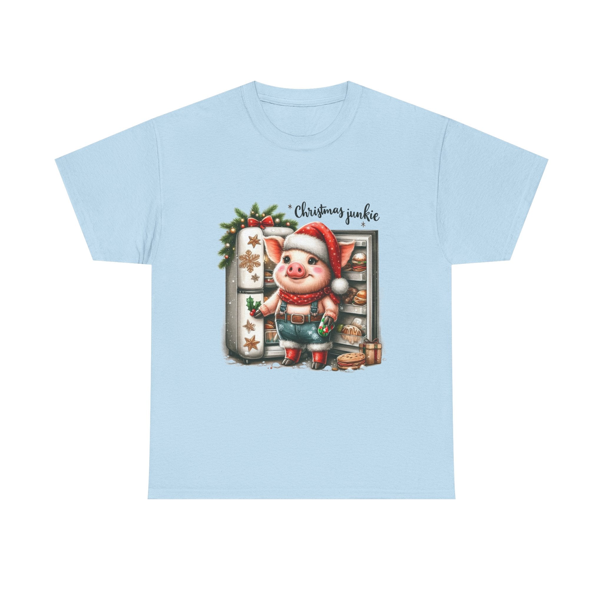 Christmas Junkie Unisex Cotton Tee, Fun Holiday Shirt, Christmas Gift, Pig T-Shirt, Festive Apparel, Cute Christmas Outfit
