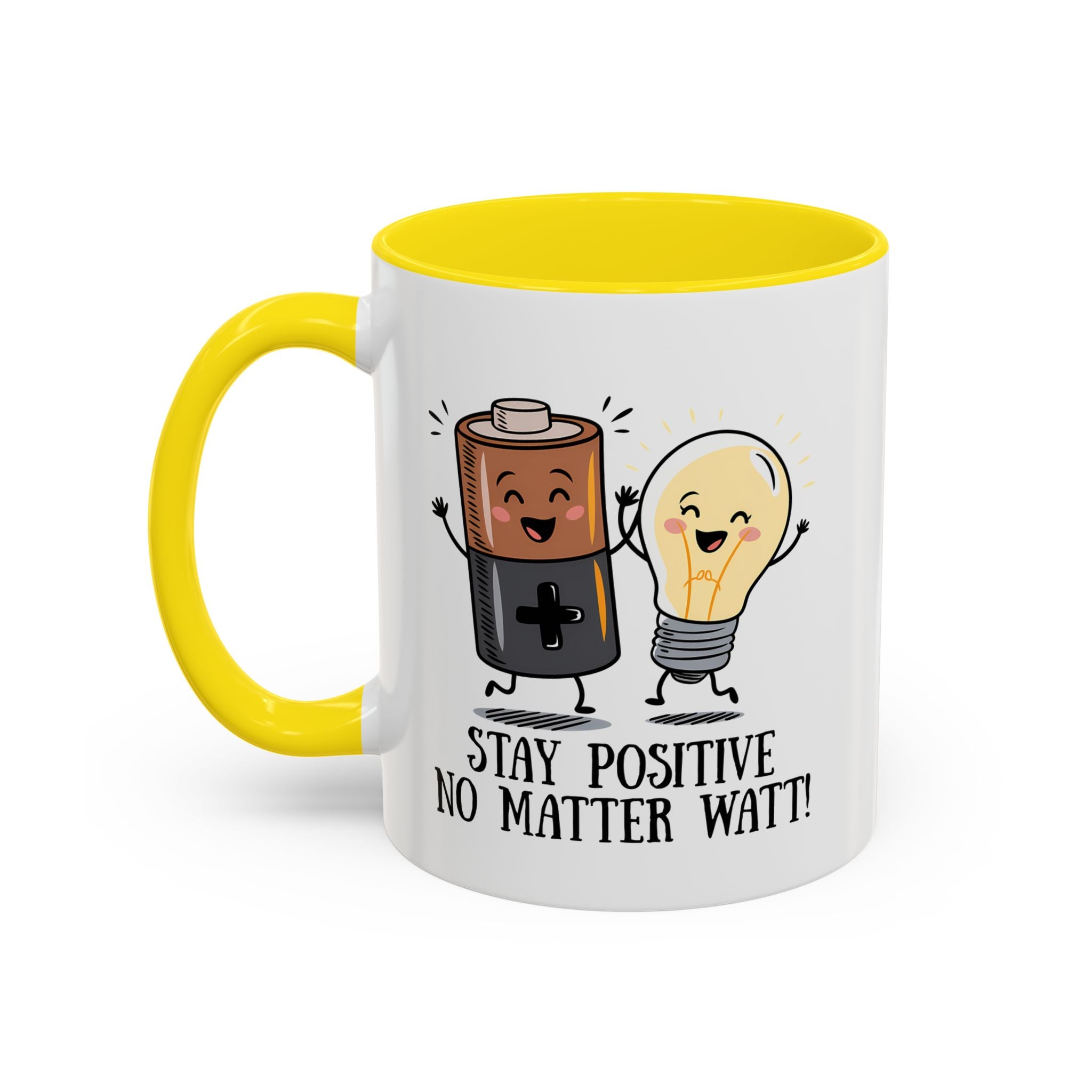 Stay Positive Accent Coffee Mug - 11oz & 15oz - Cute Light Bulb & Battery Design