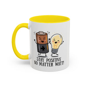Stay Positive Accent Coffee Mug - 11oz & 15oz - Cute Light Bulb & Battery Design