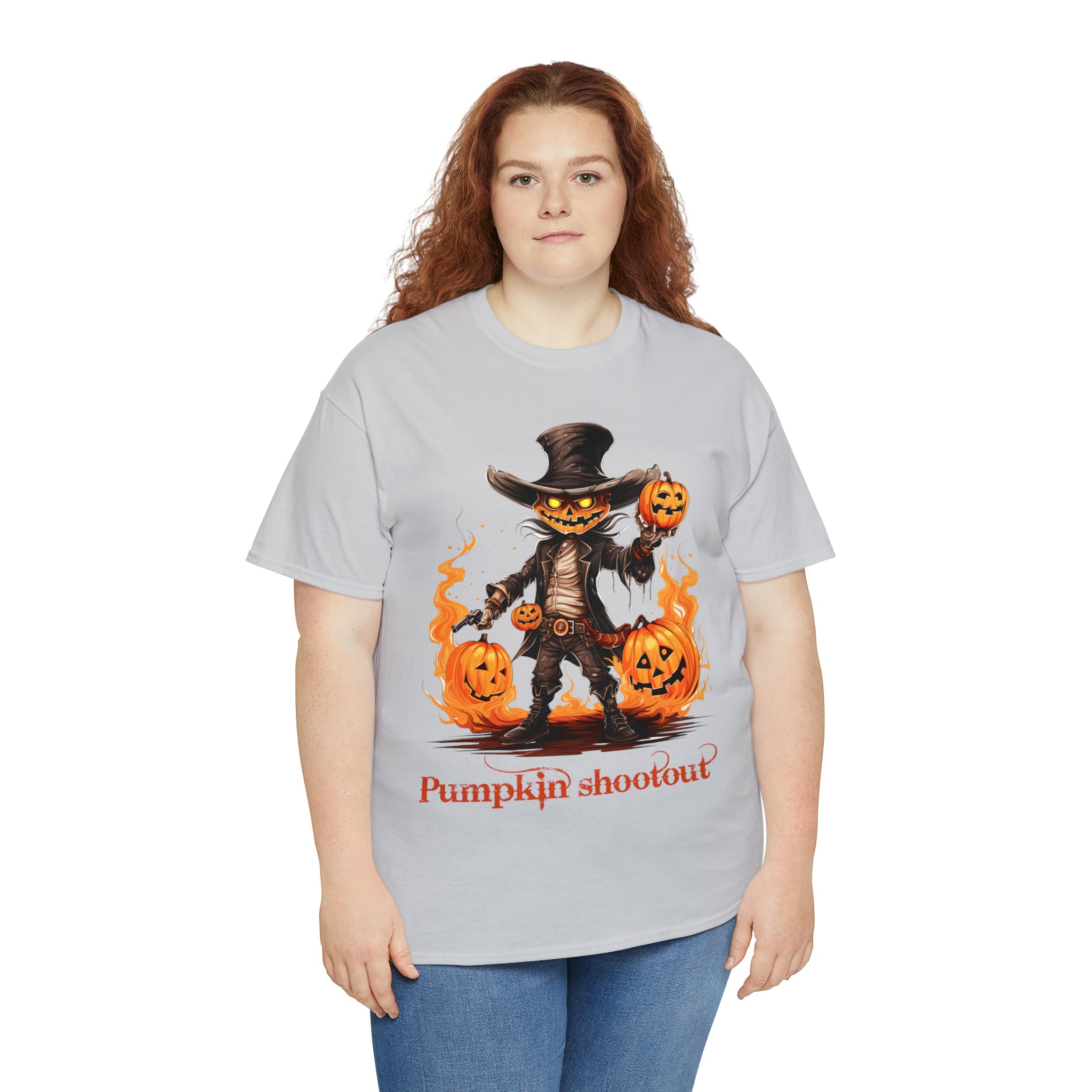 Halloween t shirt pumpkin western style shootout funny fall fun scary stocking stuffer for whole family  cotton tee