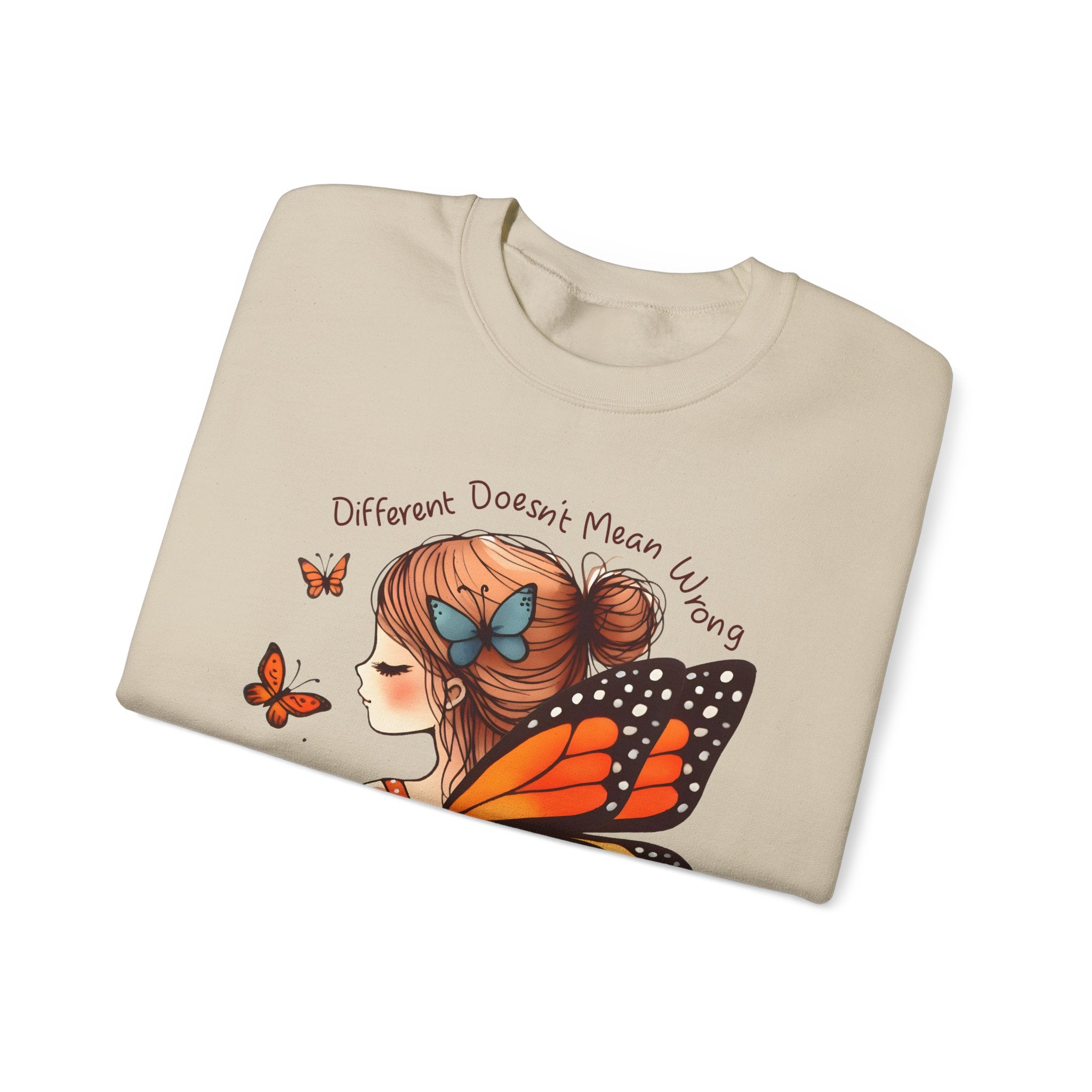 Butterfly Girl Crewneck Sweatshirt — "Different Doesn’t Mean Wrong" Graphic