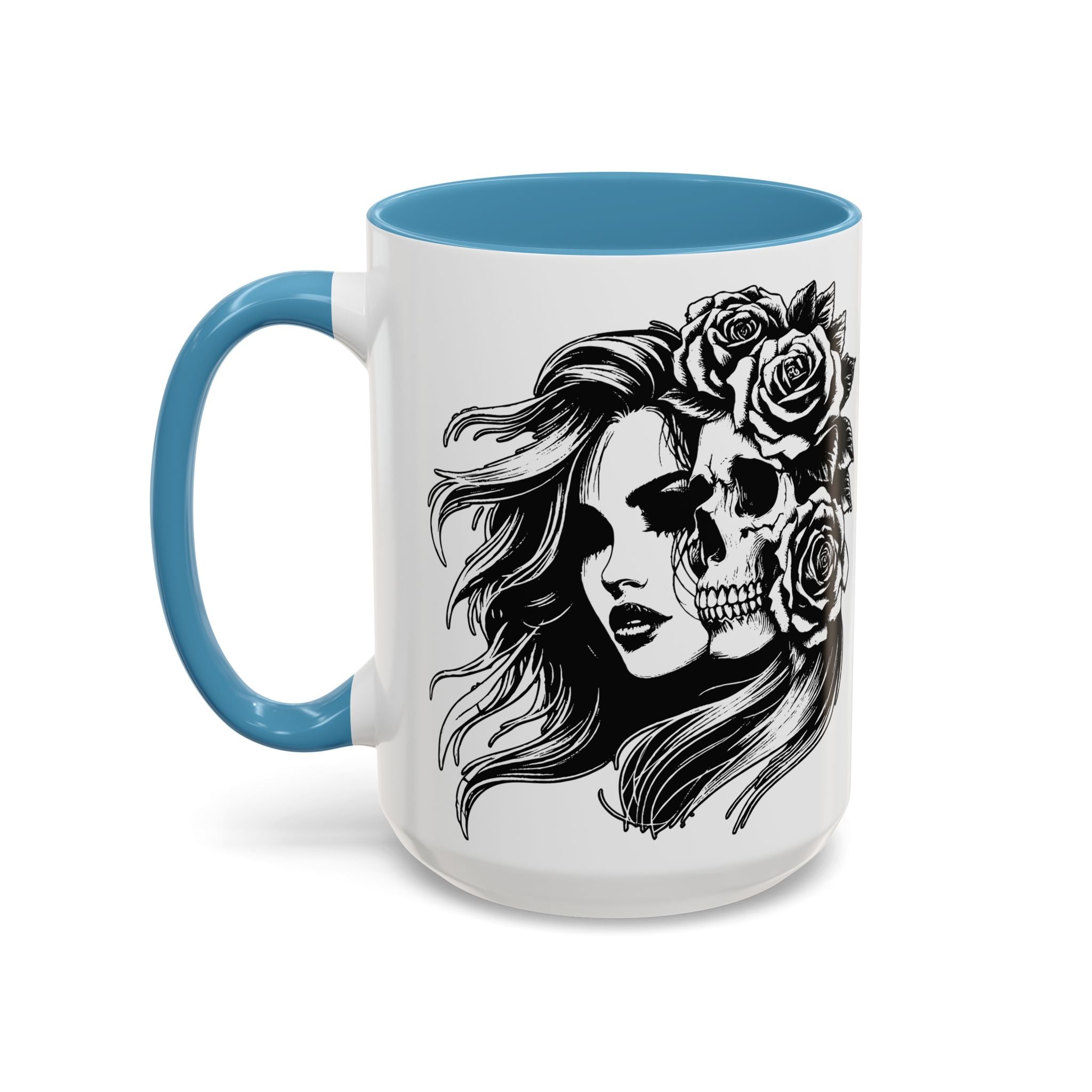 Skull & Rose Accent Coffee Mug — Gothic Half-Skull Woman 11/15oz