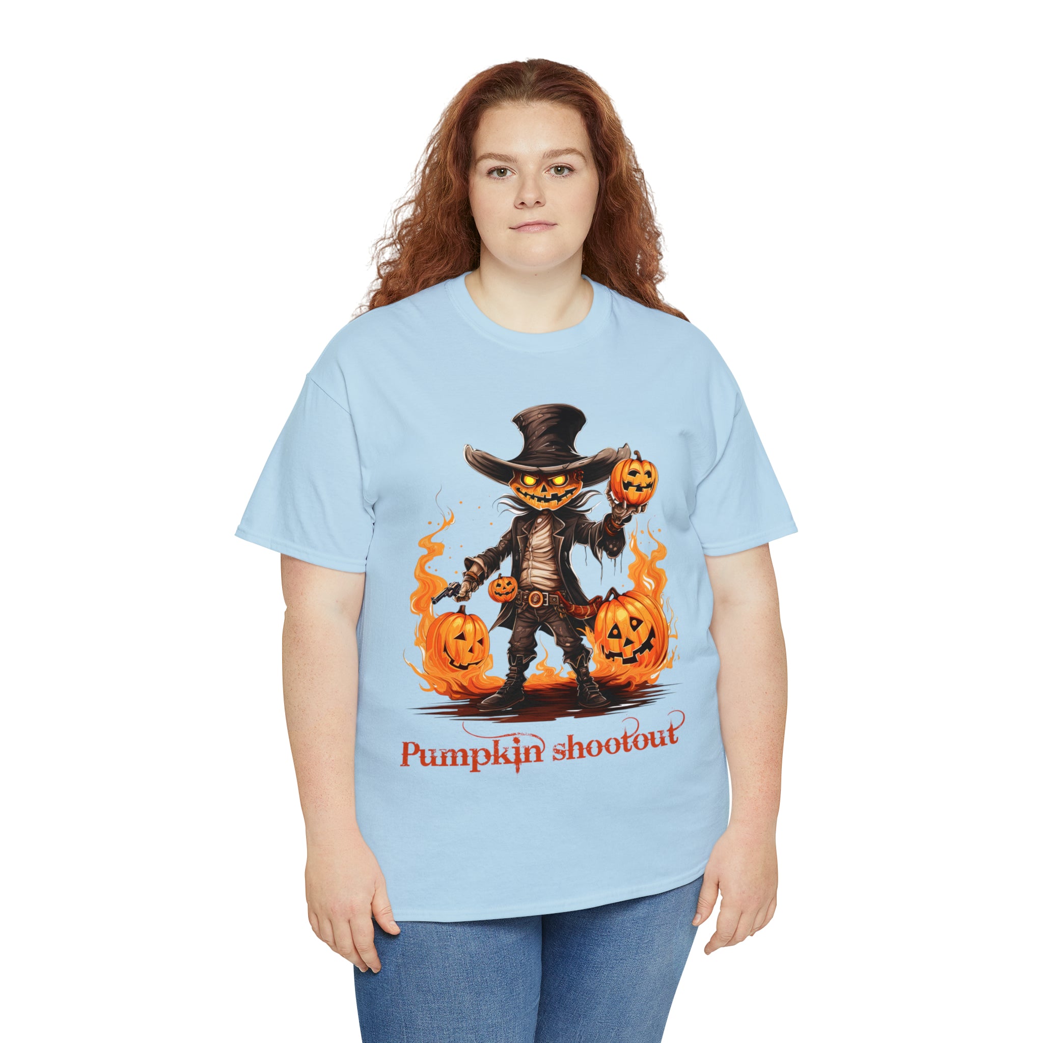 Halloween t shirt pumpkin western style shootout funny fall fun scary stocking stuffer for whole family  cotton tee