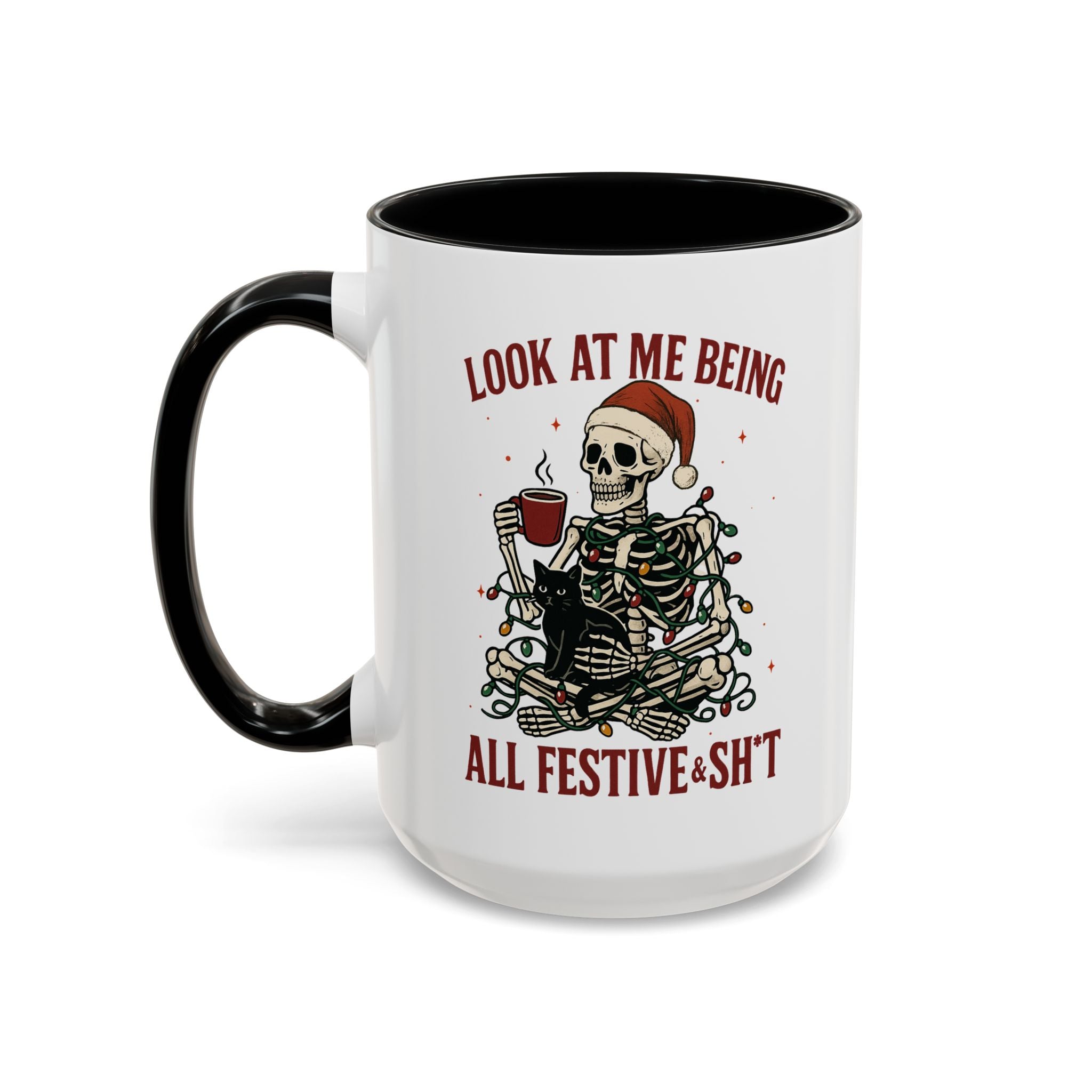 Festive Skeleton Coffee Mug, Unique Holiday Gift, Halloween Decor, Cat Lover's Mug, Funny Gift for Friends