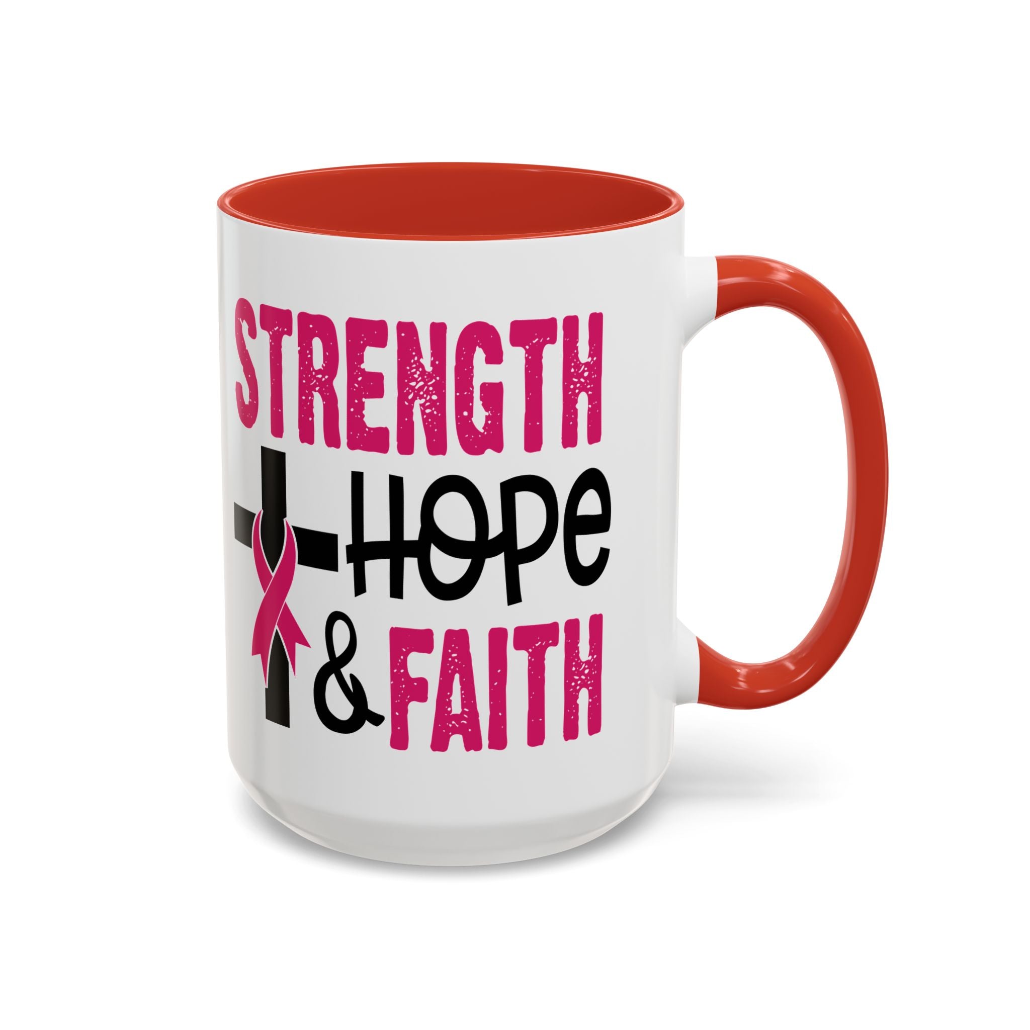 Inspirational Coffee Mug - Strength, Hope, Faith, Pink Ribbon, Christian Gifts, Motivational Drinkware, Breast Cancer Awareness