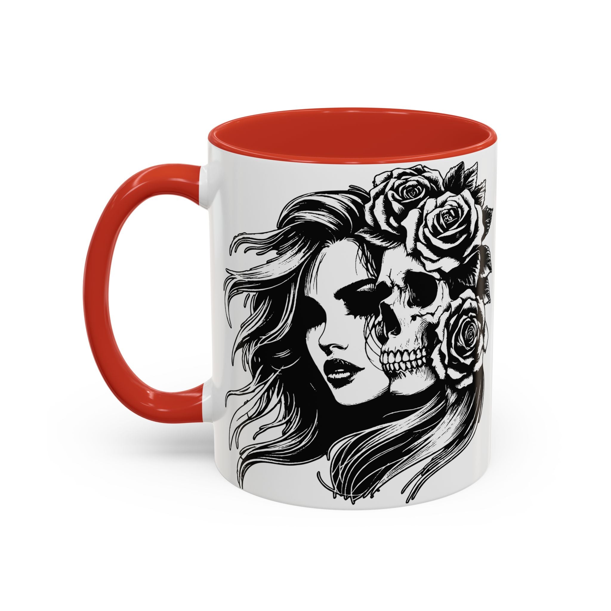 Skull & Rose Accent Coffee Mug — Gothic Half-Skull Woman 11/15oz