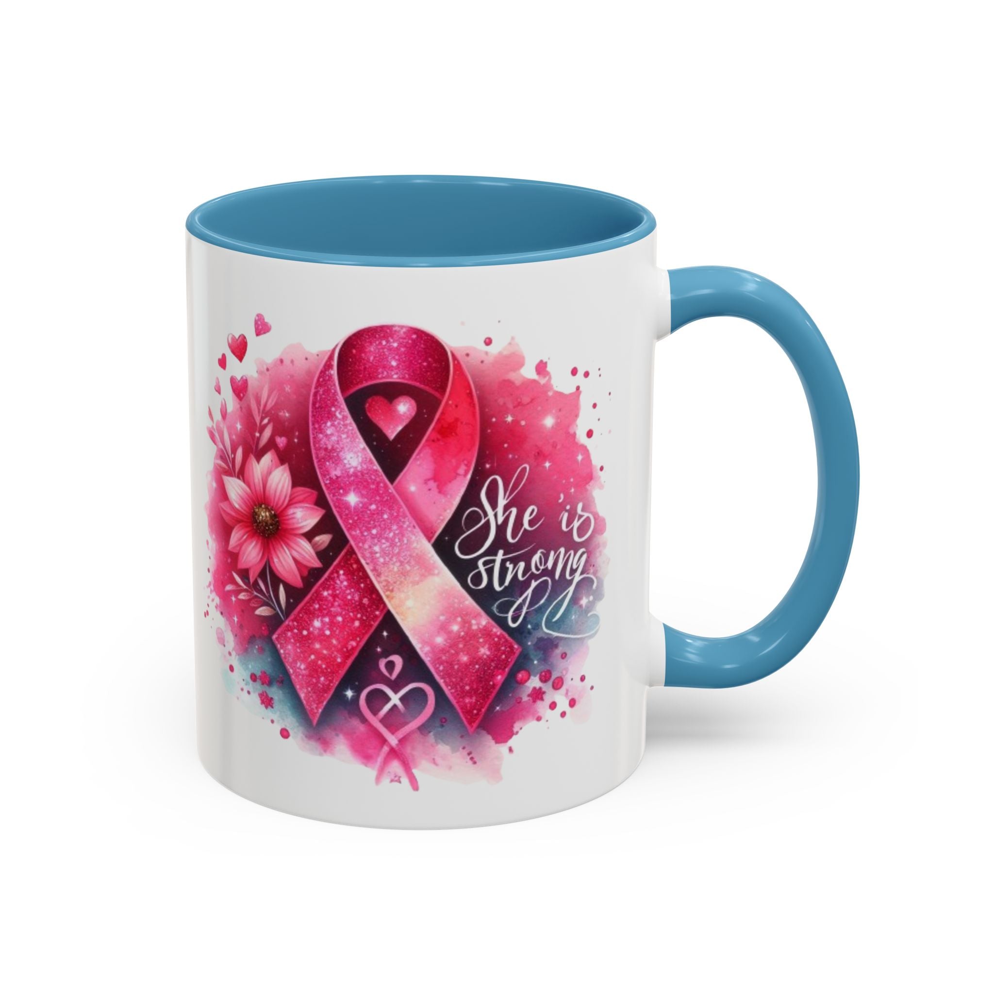 Breast Cancer Awareness Coffee Mug - Inspirational Gift, Motivational Drinkware, Supportive Cup, Pink Ribbon Design, She Is Strong