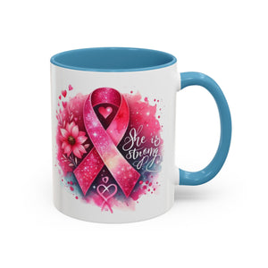 Breast Cancer Awareness Coffee Mug - Inspirational Gift, Motivational Drinkware, Supportive Cup, Pink Ribbon Design, She Is Strong
