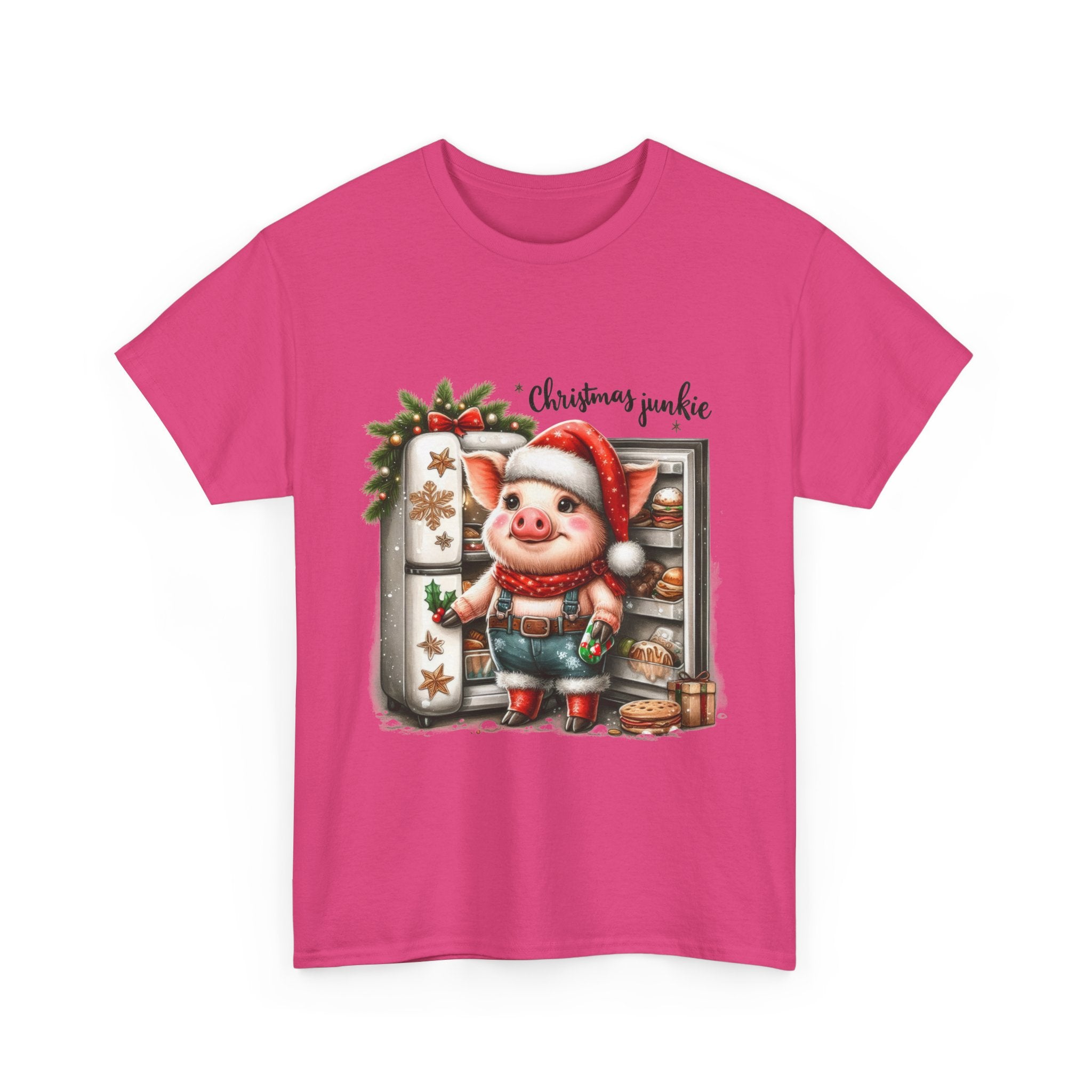 Christmas Junkie Unisex Cotton Tee, Fun Holiday Shirt, Christmas Gift, Pig T-Shirt, Festive Apparel, Cute Christmas Outfit