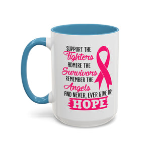 Inspirational Pink Ribbon Coffee Mug: Support Fighters, Admire Survivors, Celebrate Hope, Gift for Cancer Awareness, Motivational Mug