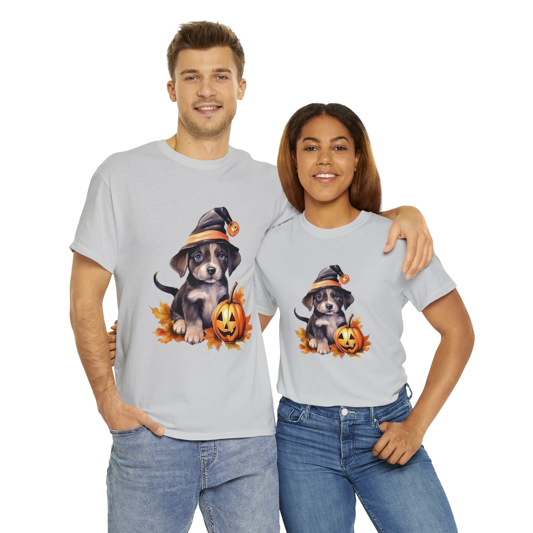 halloween t shirt puppy in witch hat cute gift for her stocking stuffer fall fun item for whole family Unisex Heavy Cotton Tee