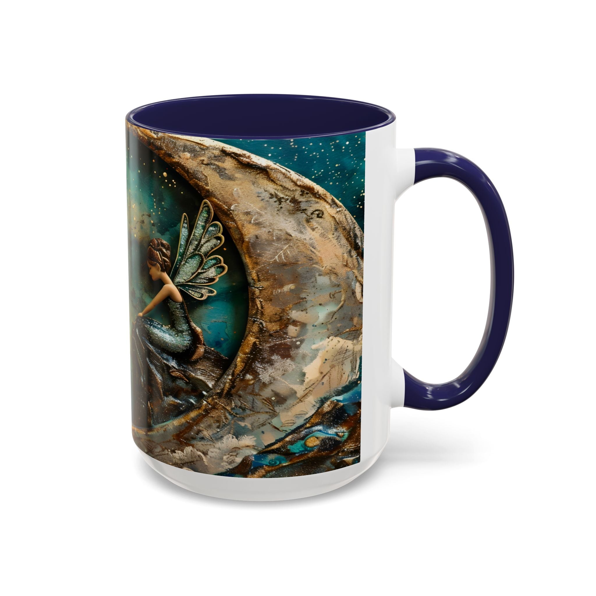 Fairy on the Moon Accent Coffee Mug – Mystical Teal Celestial Ceramic Mug (11/15oz) fantasy