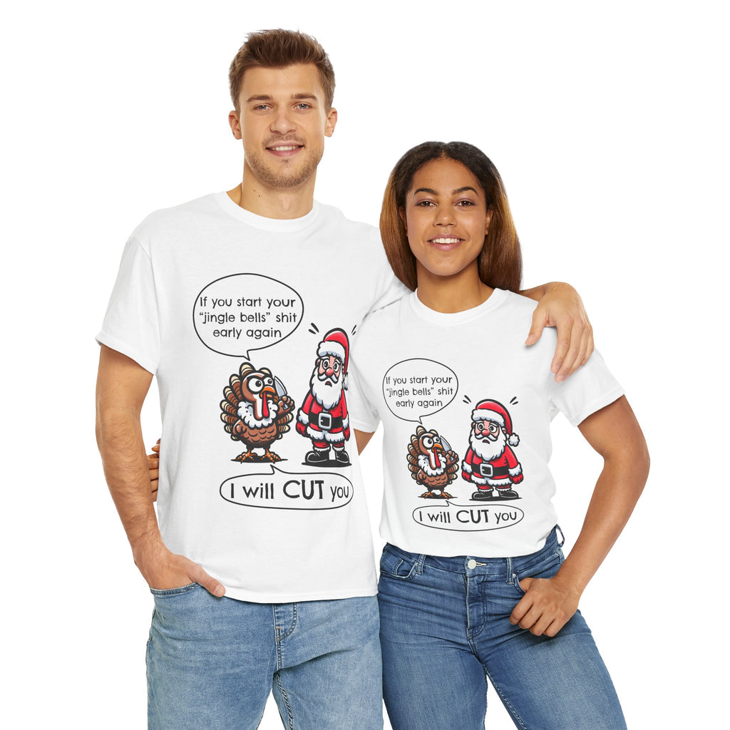 Funny Holiday Tee: 'I Will CUT You' Santa & Turkey Design, Christmas Gift, Unisex Cotton Shirt, Thanksgiving Humor, Festive Apparel