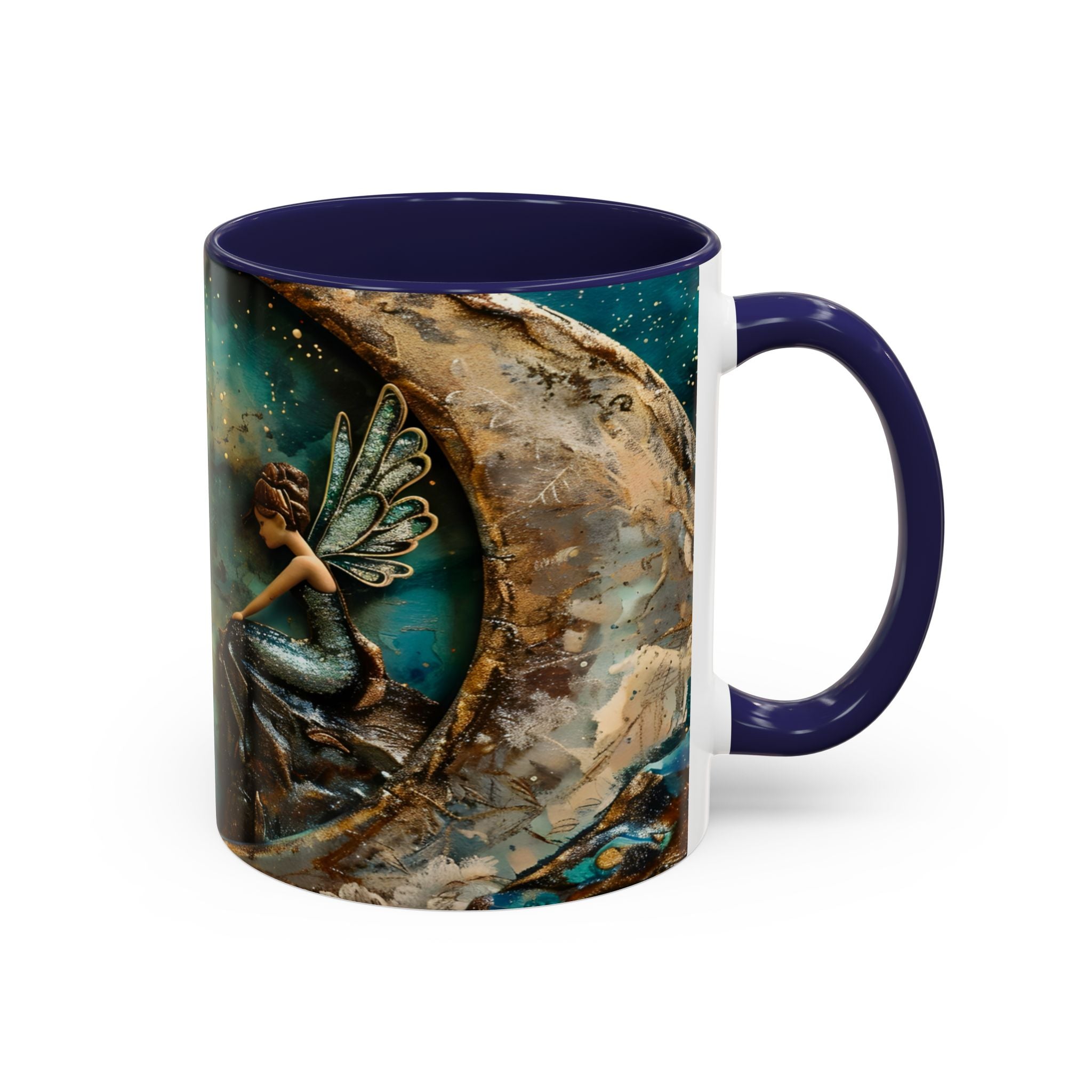 Fairy on the Moon Accent Coffee Mug – Mystical Teal Celestial Ceramic Mug (11/15oz) fantasy