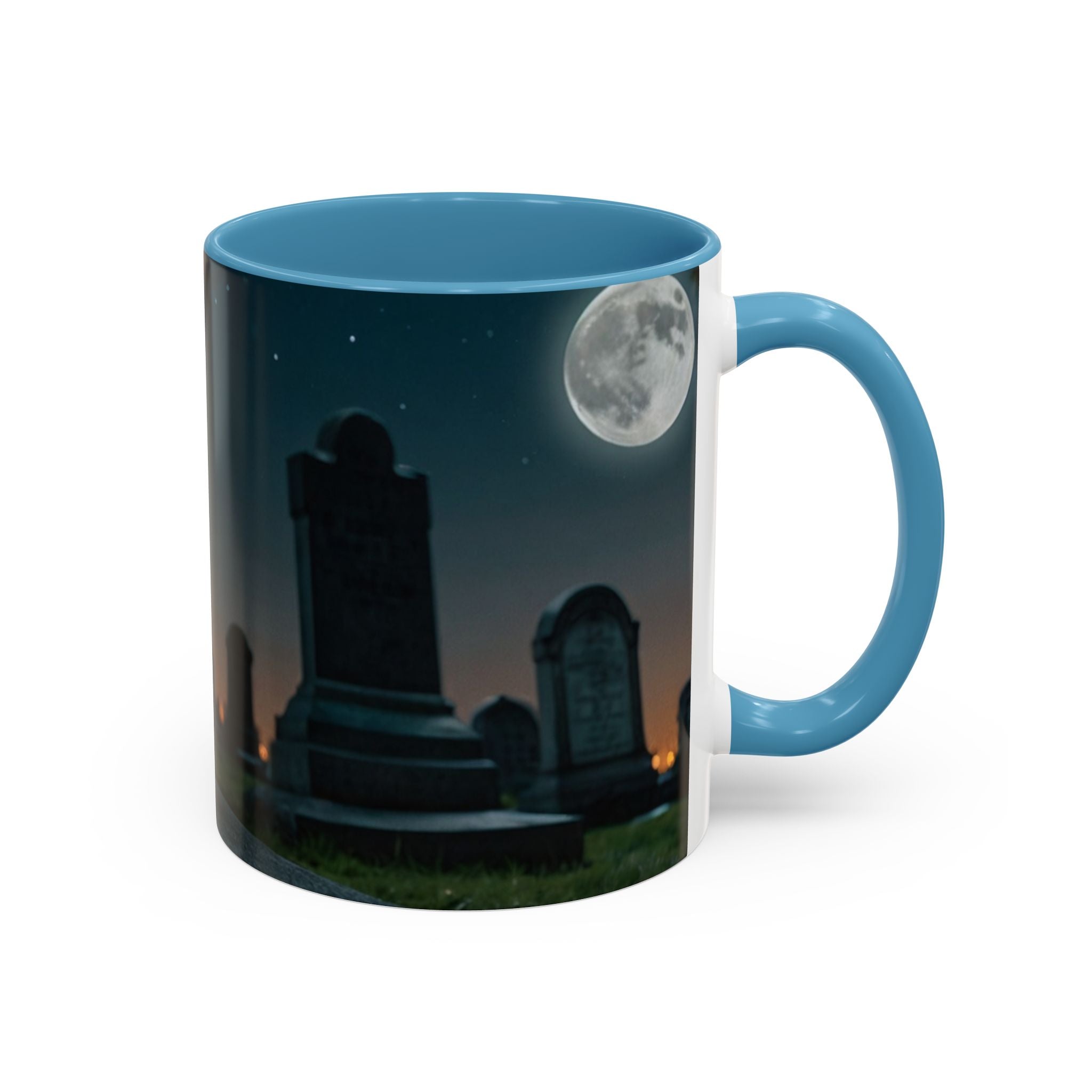 Spooky Black Cat Accent Coffee Mug in graveyard at night with full moon halloween