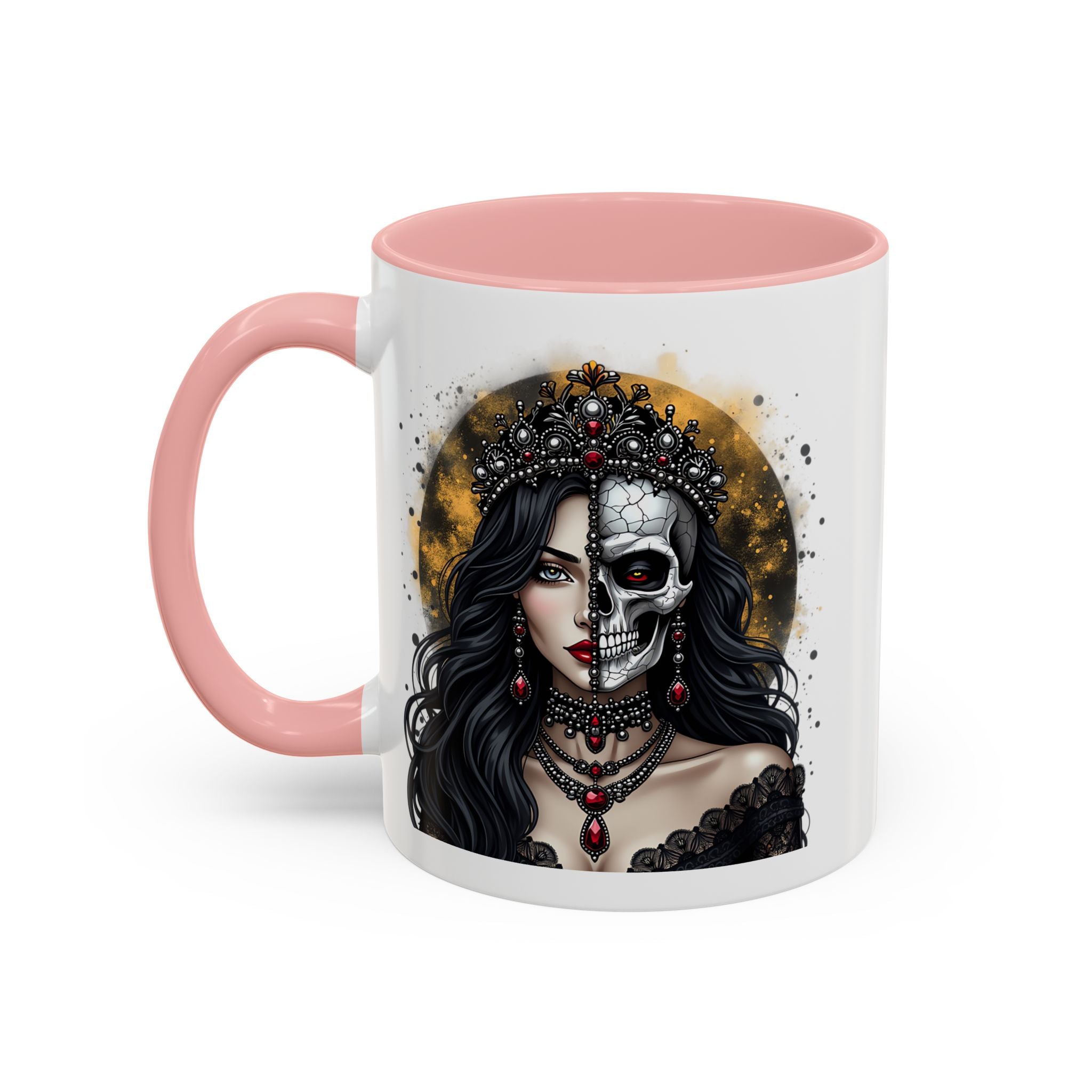 Gothic Art Accent Mug - Artistic Skull & Lady Design, Unique Coffee Cup for Halloween, Gift for Her, Decorative Kitchenware, Dark Aesthetic