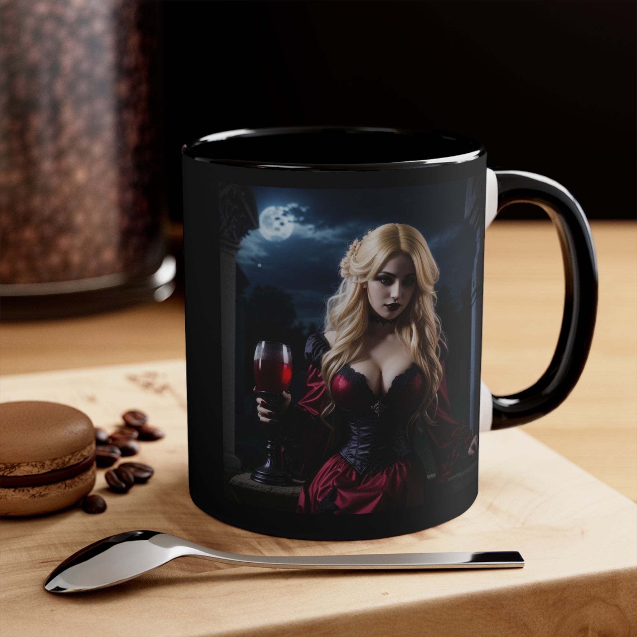 gothic blonde vampire drinking blood Accent Coffee Mug, 11oz