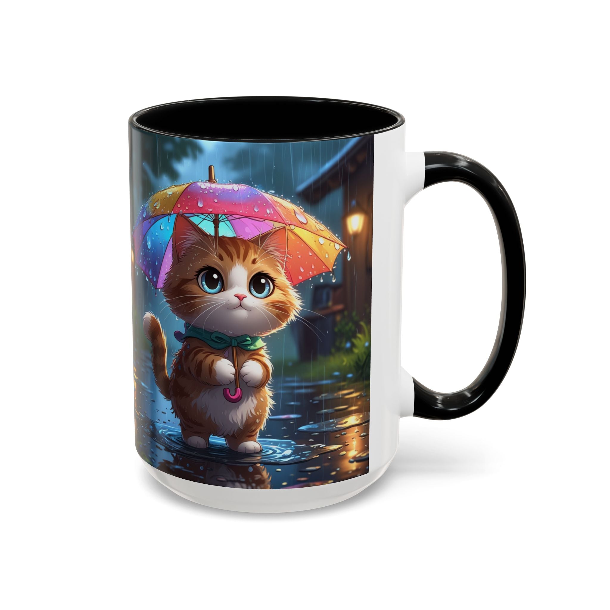 Cute Rainy Day Cat Mug — Kawaii Kitten with Rainbow Umbrella Coffee Cup (11/15oz)
