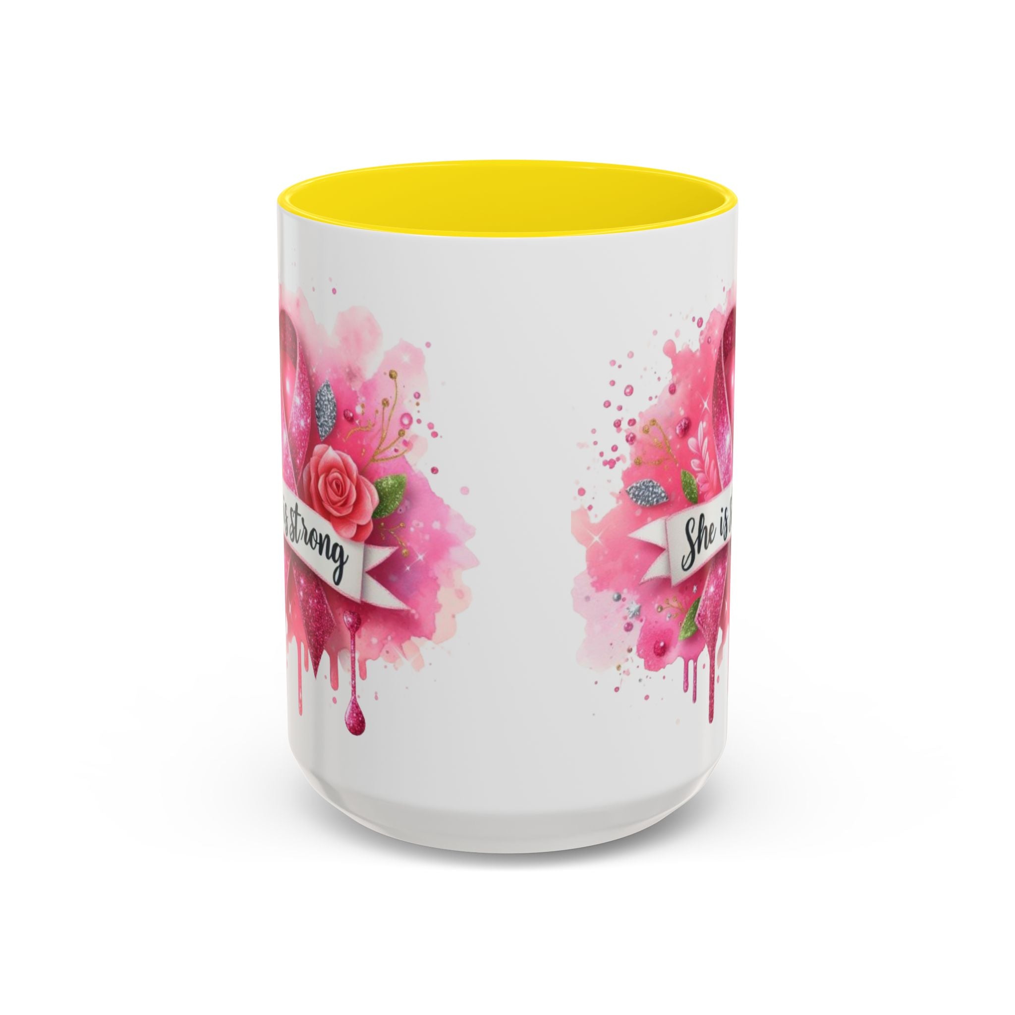 Empowering Pink Ribbon Coffee Mug - She Is Strong, Inspirational Gift for Breast Cancer Awareness, Motivational Drinkware, Supportive [...]