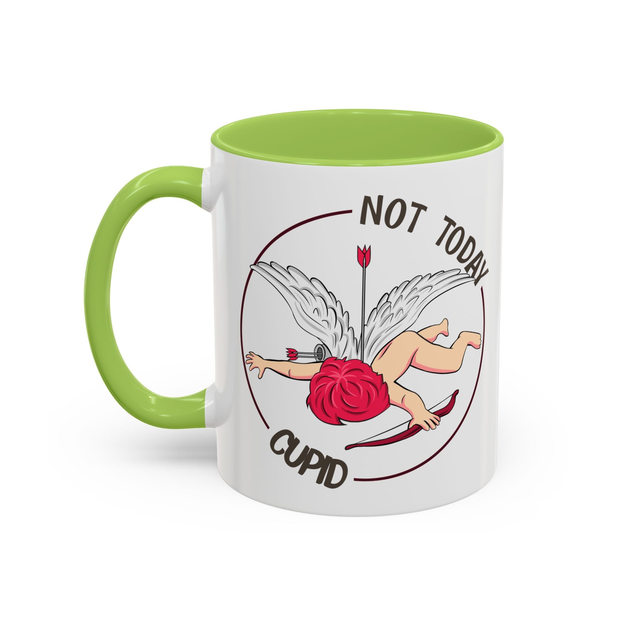 Not Today Cupid Coffee Mug — Funny Anti-Valentine Accent Mug (11/15oz)