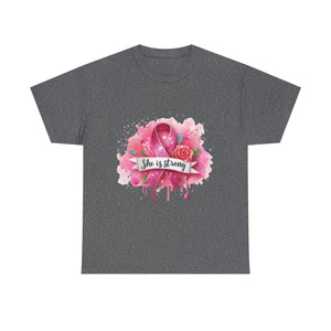 Unisex Heavy Cotton Tee - "She is Strong" Breast Cancer Awareness Shirt, Inspirational Tee, Gift for Her, Supportive Apparel, [...]