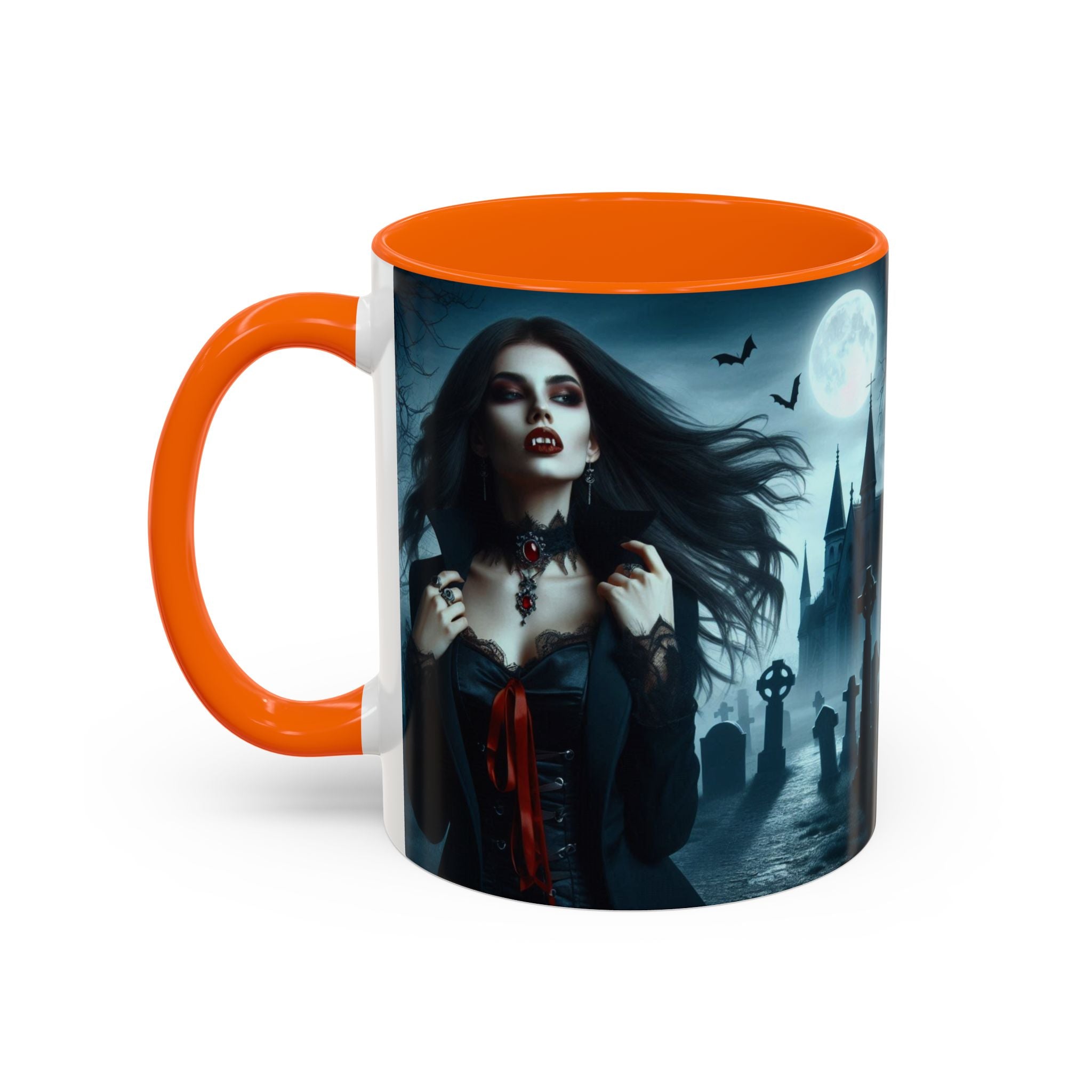 Gothic Vampire Coffee Mug - Spooky Halloween Drinkware in graveyard by castle