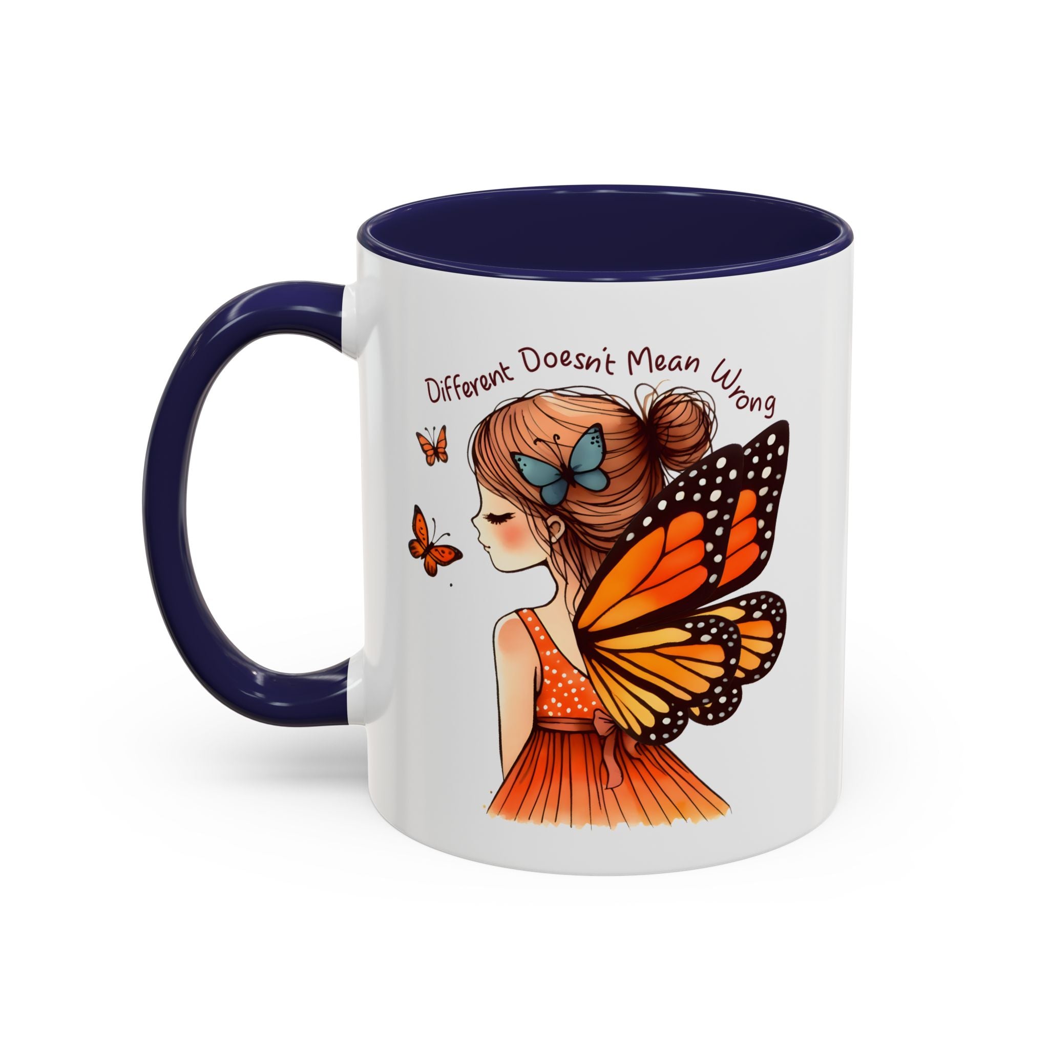 Butterfly Girl Accent Coffee Mug – "Different Doesn't Mean Wrong" Inspirational Tea Mug
