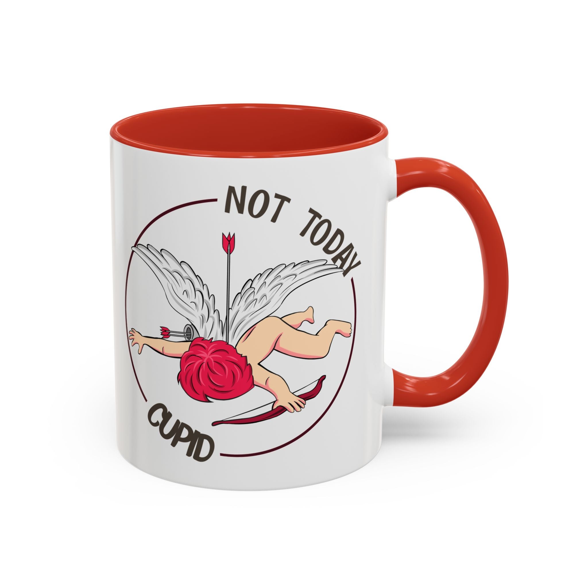 Not Today Cupid Coffee Mug — Funny Anti-Valentine Accent Mug (11/15oz)