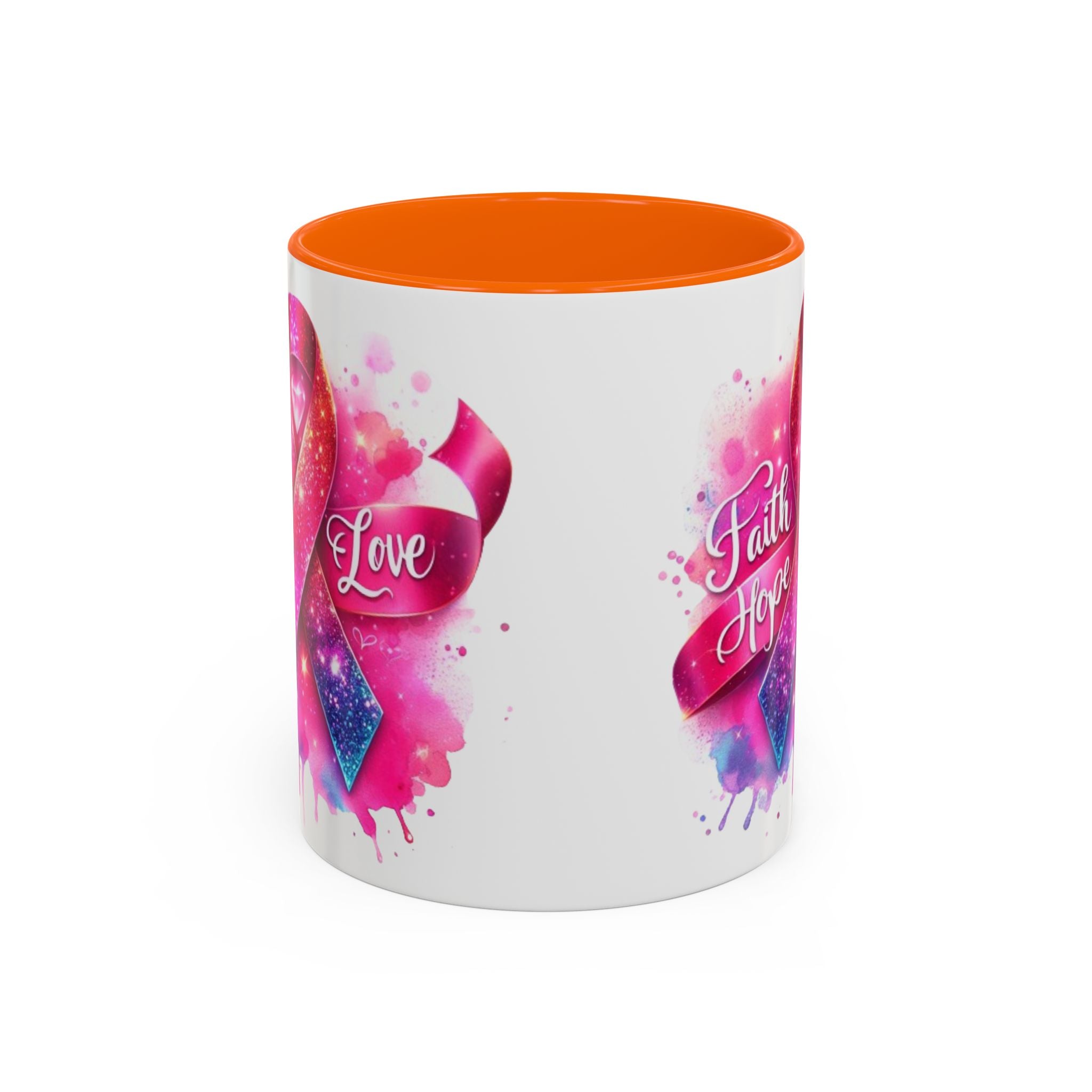 Inspirational Ribbon Coffee Mug - Faith, Hope, Love, Support, Gift for Cancer Awareness, Breast Cancer, Encouragement, Motivational
