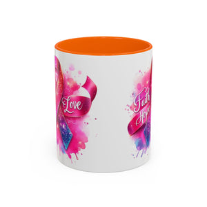 Inspirational Ribbon Coffee Mug - Faith, Hope, Love, Support, Gift for Cancer Awareness, Breast Cancer, Encouragement, Motivational