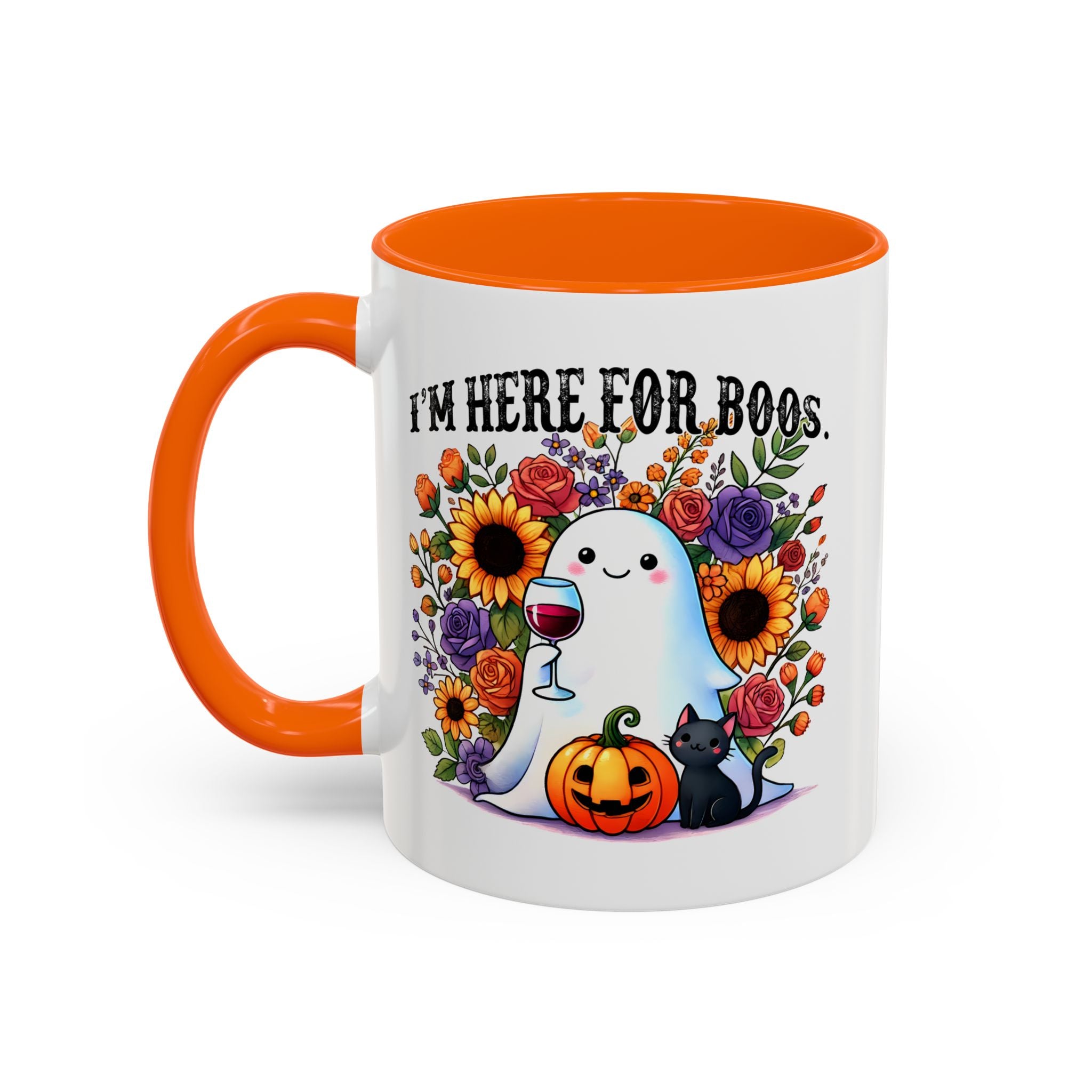 Spooky Floral Coffee Mug - I'm Here for Boos, Halloween Gift, Autumn Decor, Cute Ghost Mug, Cat Lover Drinkware