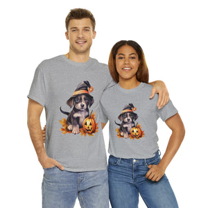halloween t shirt puppy in witch hat cute gift for her stocking stuffer fall fun item for whole family Unisex Heavy Cotton Tee
