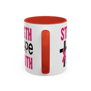 Inspirational Coffee Mug - Strength, Hope, Faith, Pink Ribbon, Christian Gifts, Motivational Drinkware, Breast Cancer Awareness