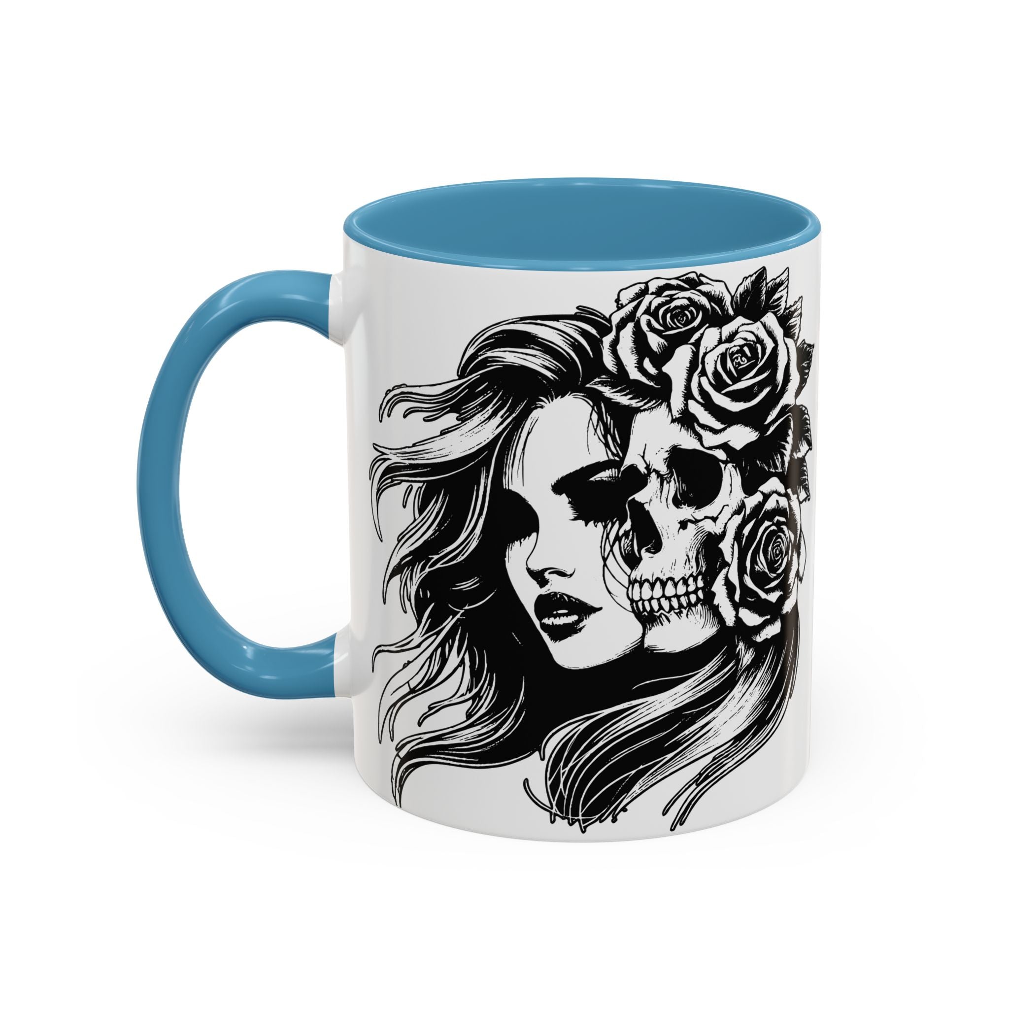 Skull & Rose Accent Coffee Mug — Gothic Half-Skull Woman 11/15oz